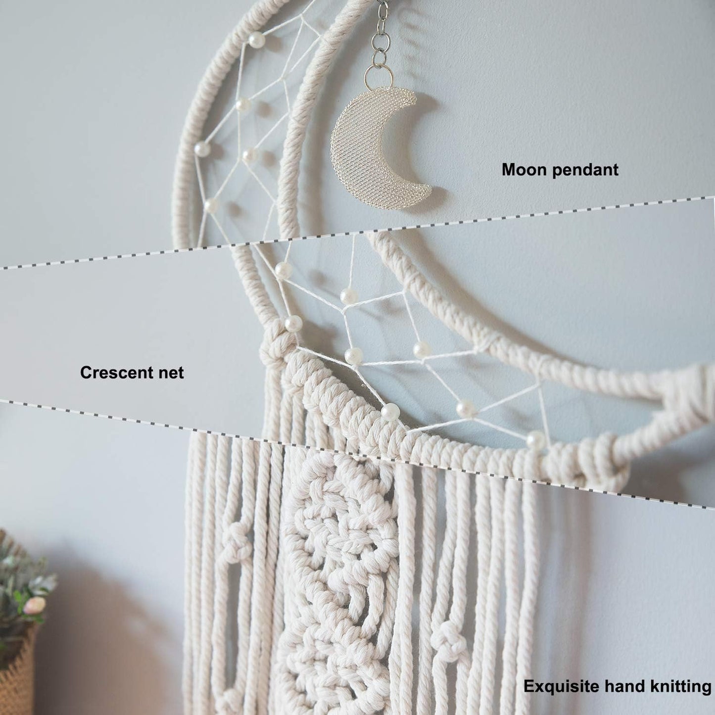 MOONFLY Dream Catcher with Handmade Moon Star Design Woven Cotton Dream Catchers Boho Macrame Wall Hanging Home Decoration Ornament Craft Gift (White Moon)