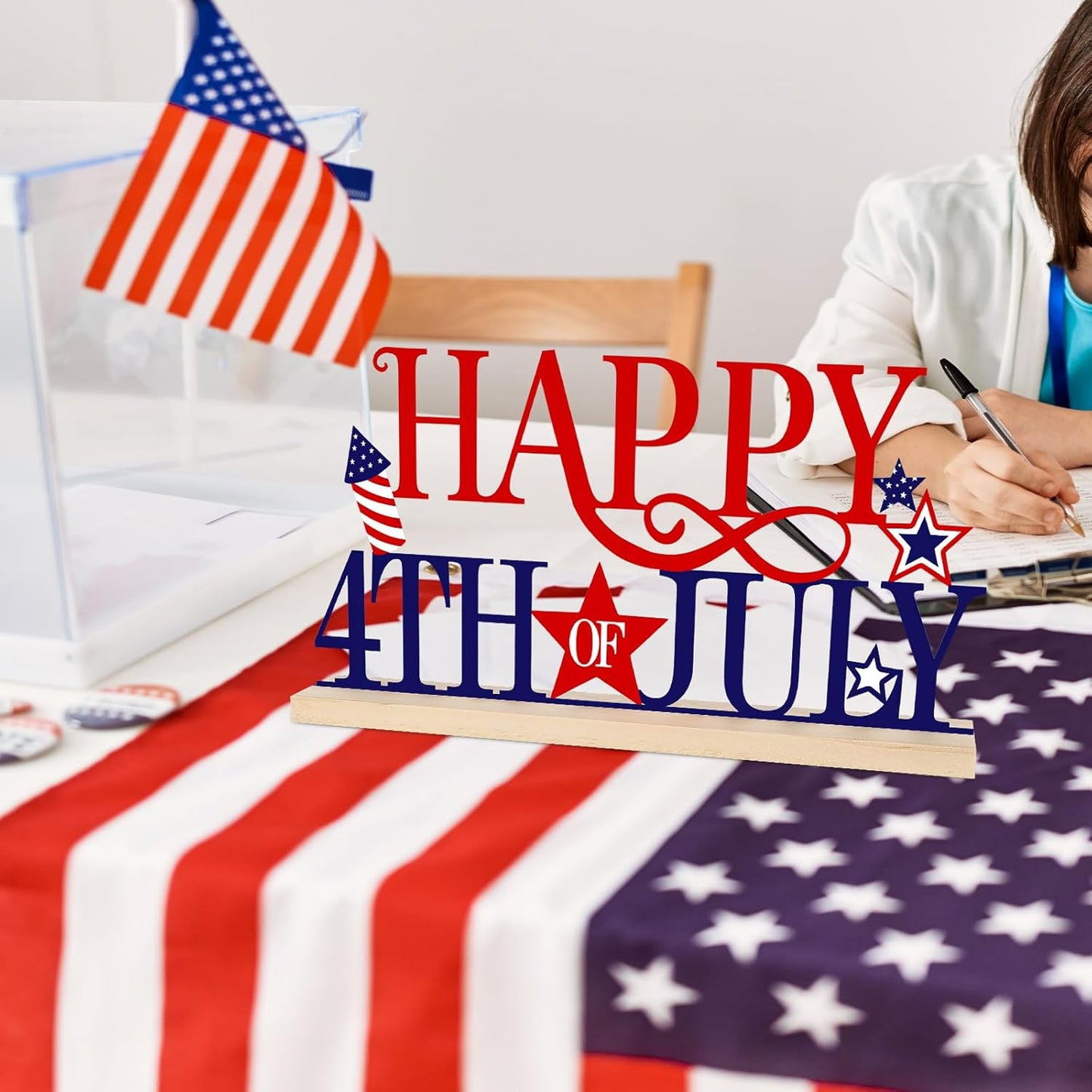 COCHIE Metal Happy 4th of July Sign, Red Blue and White Decorations for Home, Office, Shelf, Mantel, Indoor, Fouth of July Decoration, Patriotic Star Decor (Independence Day)