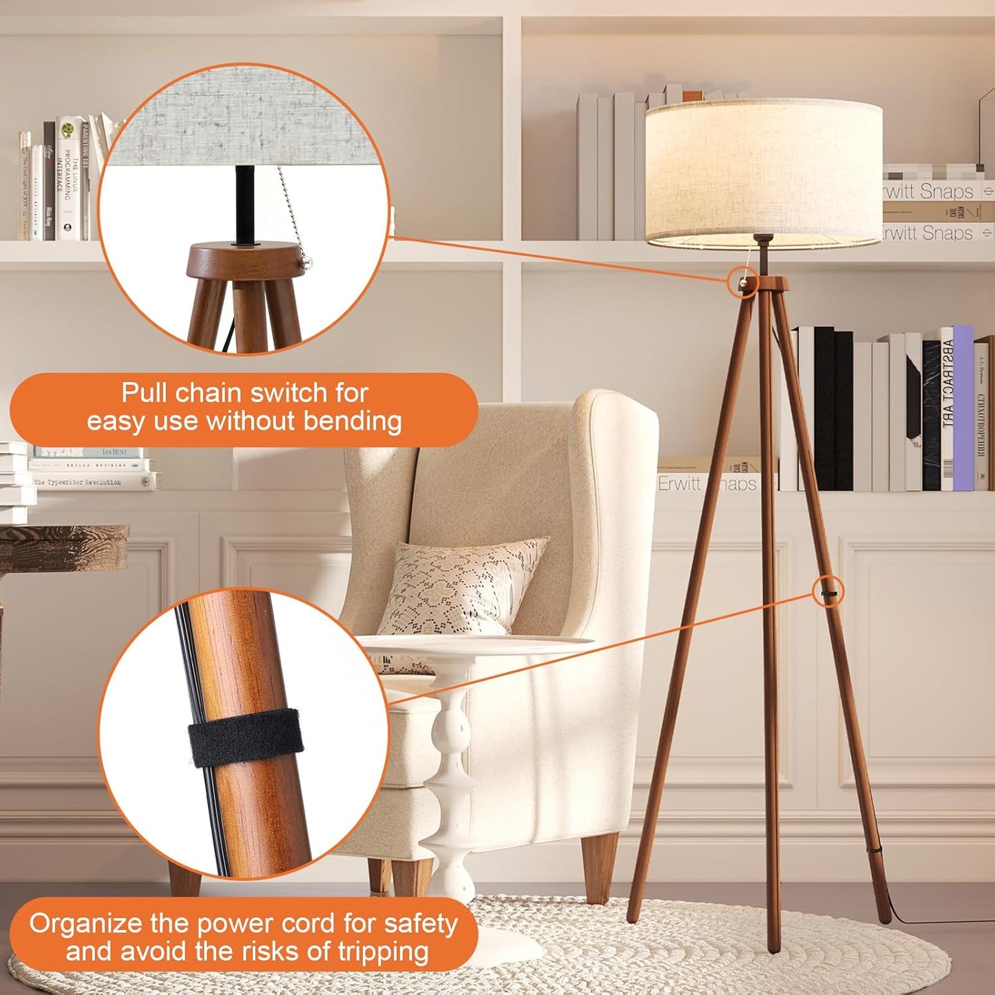 LiteHistory Wood Tripod Floor Lamps for Living Room, Bedroom, and Office,Standing lamp with Beige Linen Shade, 12W Three-Color Bulb Included, Pull Chain Switch, Tall lamp for Mothers Day Gifts, Brown