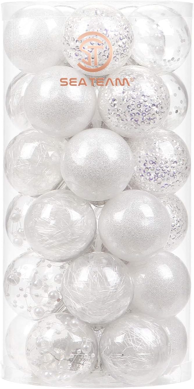 Sea Team Shatterproof Clear Plastic Christmas Ball Ornaments Decorative Xmas Balls Baubles Set with Stuffed Delicate Decorations (50 mm/1.97"/30-Pack, White)
