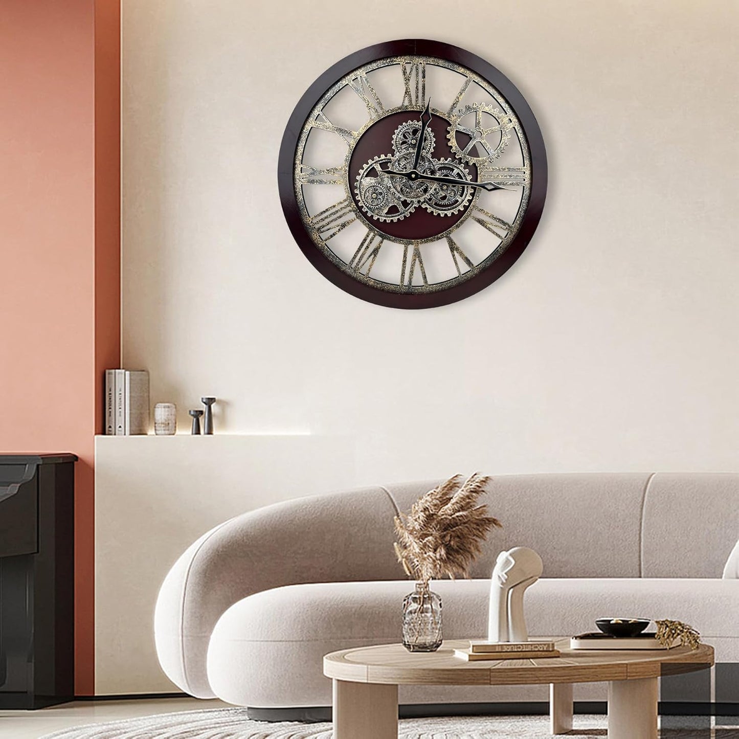 The B-Style Large Wall Clock 24 inch Moving Gear Wall Clock Oversized Vintage Farmhouse Wall Clocks for Living Room Decor Rustic Industrial Wood Clock (Cherry red and Bronze)