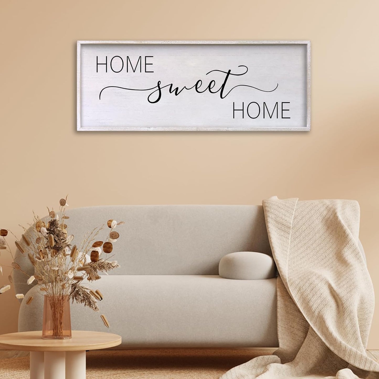 Home Sweet Home Sign Wall Decor 40"x15" Above Bed Living Room Large Wooden Framed Family Plaques Art (White)
