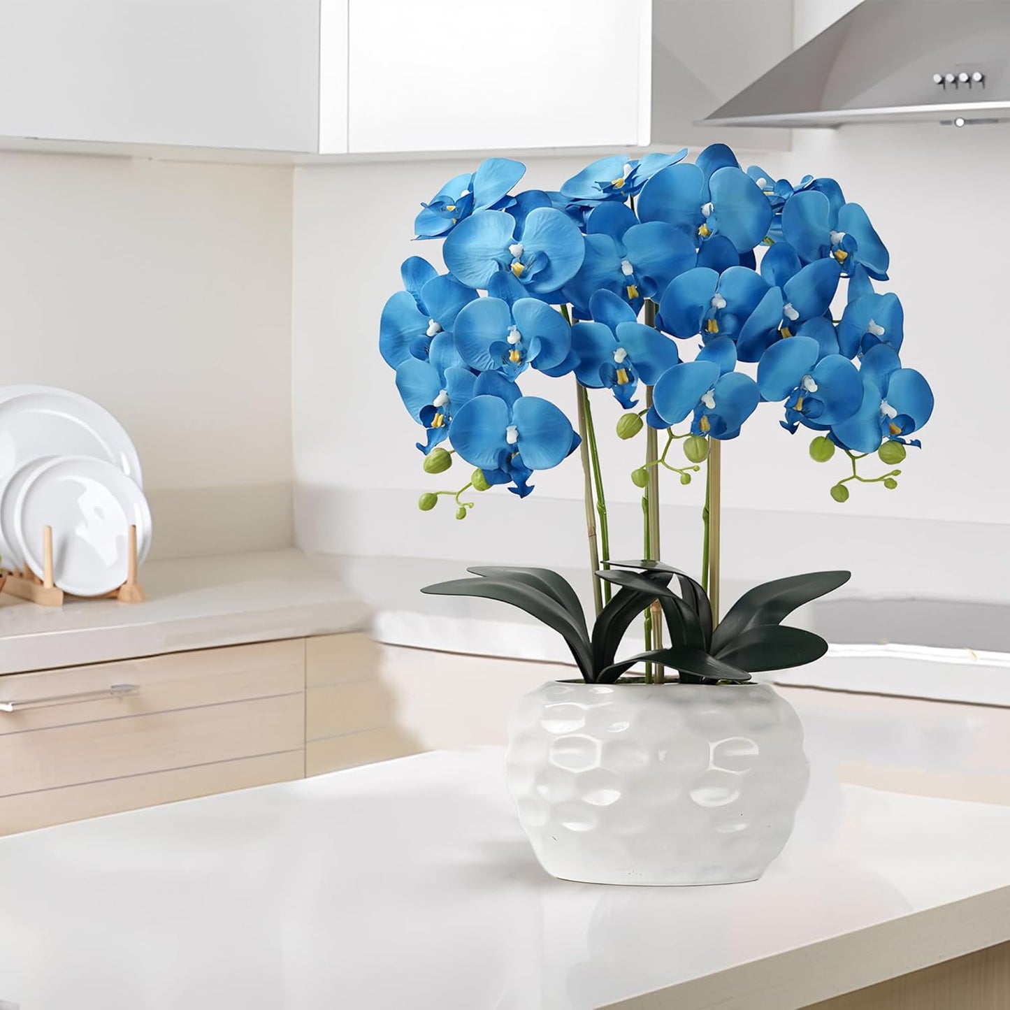 Orchid Artificial Flowers with White Vase Large Silk Faux Phalaenopsis Flowers for Dining Room Table Floral Centerpieces Indoor Decoration,Blue