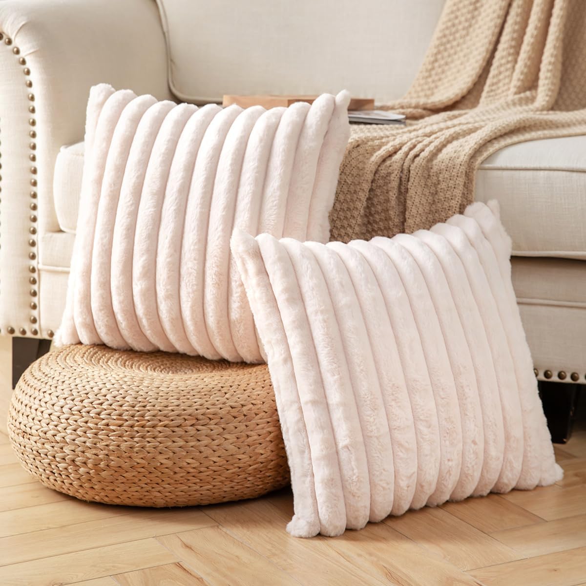 DEELAND Pack of 2,Double-Sided Faux Fur Plush Decorative Throw Pillow Covers Fuzzy Striped Soft Pillowcase Cushion Covers for Sofa Couch Bedroom Beige 22x22 inch