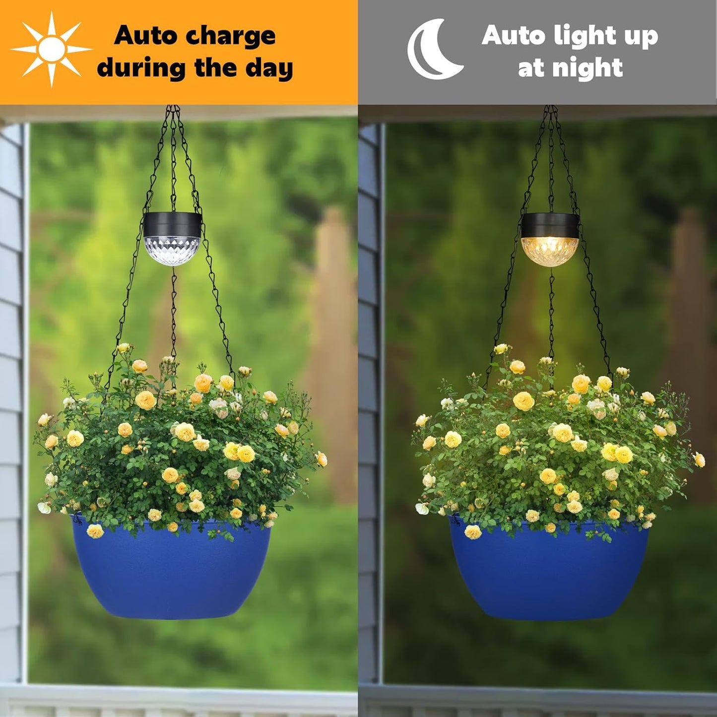 2 Packs Hanging Planters Basket for Outdoor Plants, Solar Powered Self Watering Blue Round Plastic Flower Pots with Drainer for Balcony Patio Garden Outdoor Decoration