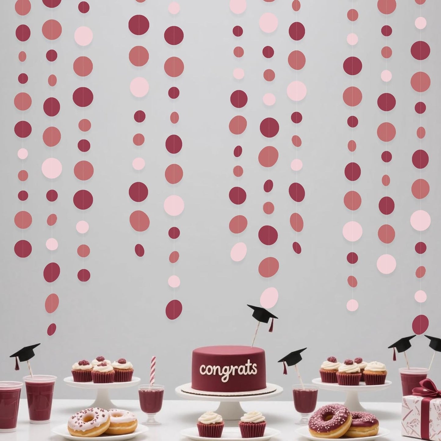 Burgundy Dusty Pink Decorations Circle Dot Garland Maroon Pink Hanging Polka Dot Streamer Banner for Wedding Birthday Bridal Shower Engagement Baby Shower Graduation Anniversary Garnet Party Supplies