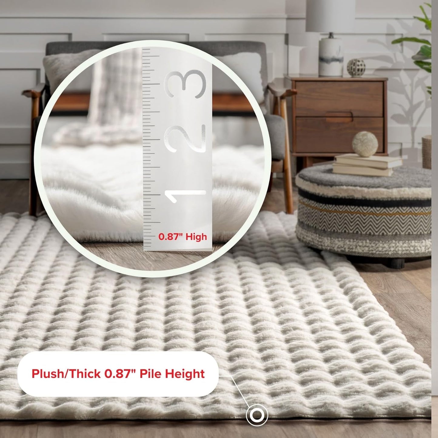 nuLOOM Jeni Solid Faux Rabbit Machine Washable Area Rug, Round 5, Off-White