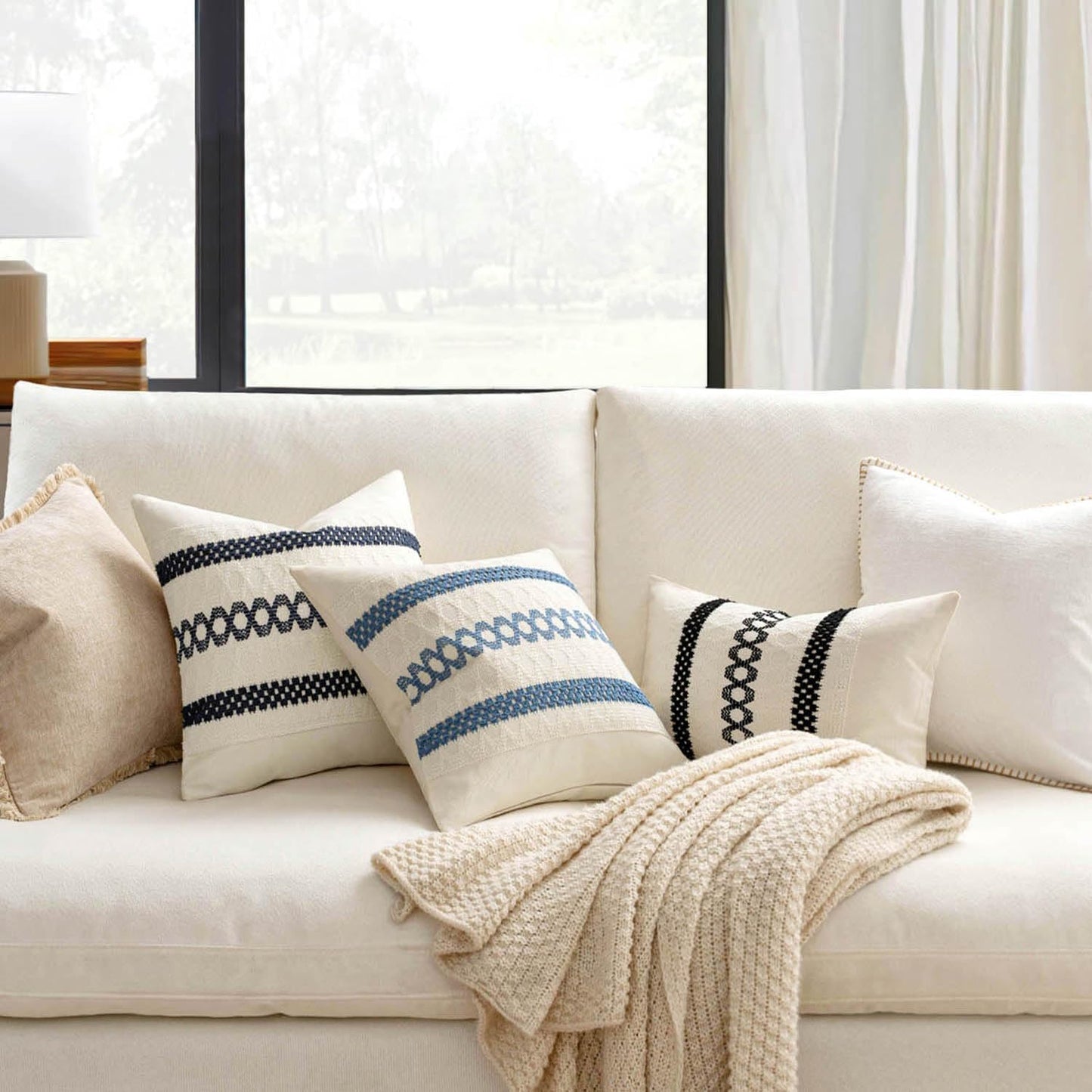 MIULEE Set of 2 Navy Blue Boho Decorative Pillow Covers 20x20 Inch Farmhouse Rustic Couch Throw Pillows Modern Spring Cotton Cushion Covers Retro Cute Macrame Woven Home Decor for Bed Sofa Chair