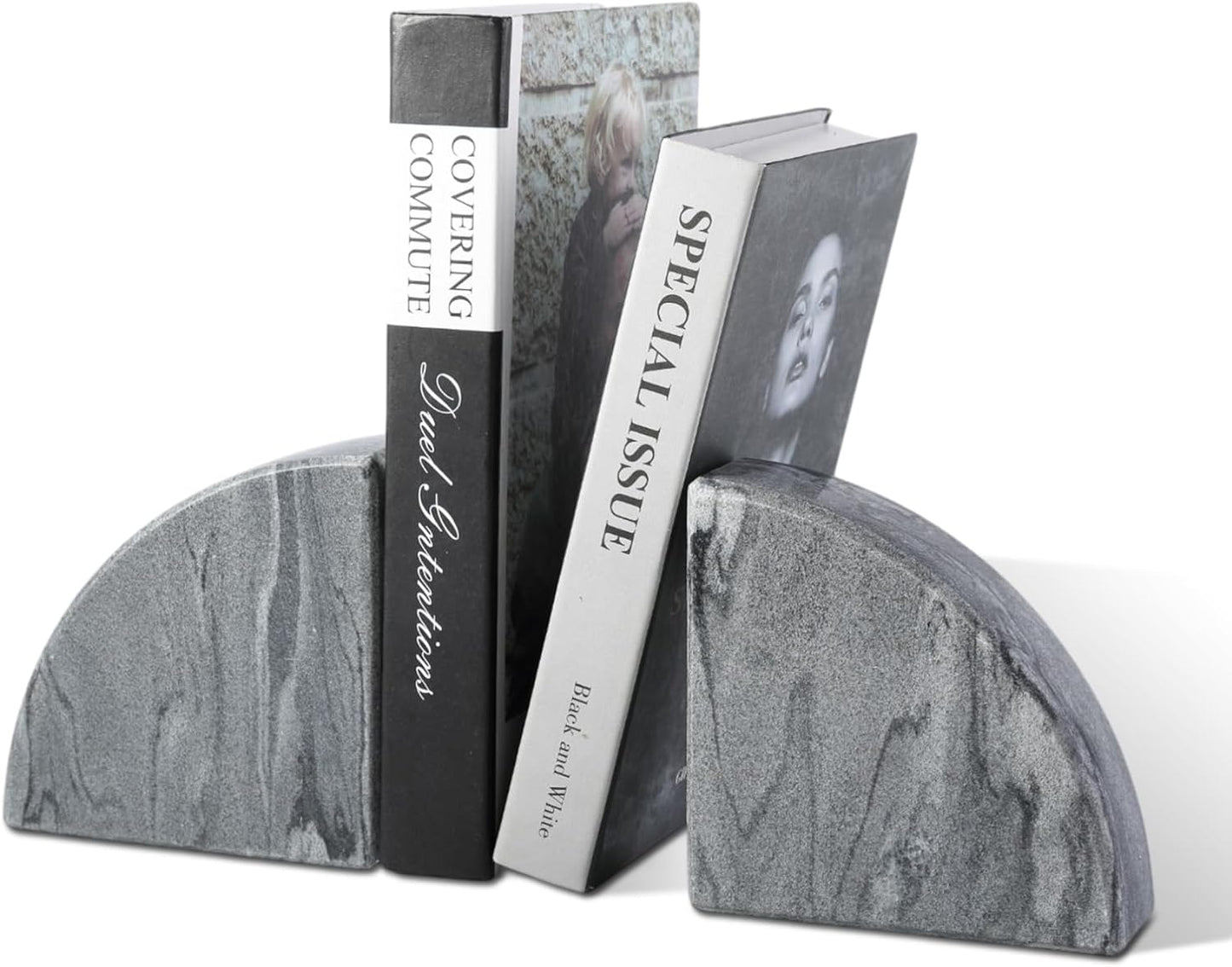 Marble Bookend for Shelves, Non-Skid Bookends for Heavy Books, Heavy Duty Book Stopper for CDs, Luxury Book Shelf Holder, Quarter Circle Design Book Ends Decorative, Monte Grigio, Set of 2