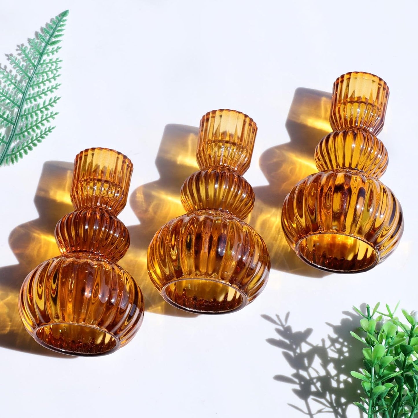 Woho Amber Taper Candle Holders 4.3" H for Halloween/Thanksgiving Decorations, Set of 3 Ribbed Glass Candlestick Holders Vintage for Fall Wedding, Boho Candle Sticks Holder Decor for Dining Table