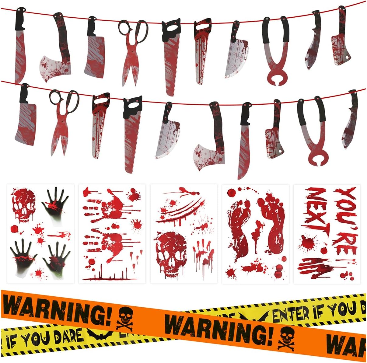 Halloween Decorations, 5 Sheets Wall Decals-Bloody Handprint Stickers, 2 Pack Halloween Banners and 2 PCS Caution Tape Rolls 3inx30ft for Party Decor, Outdoor, Indoor, Haunted Mansion