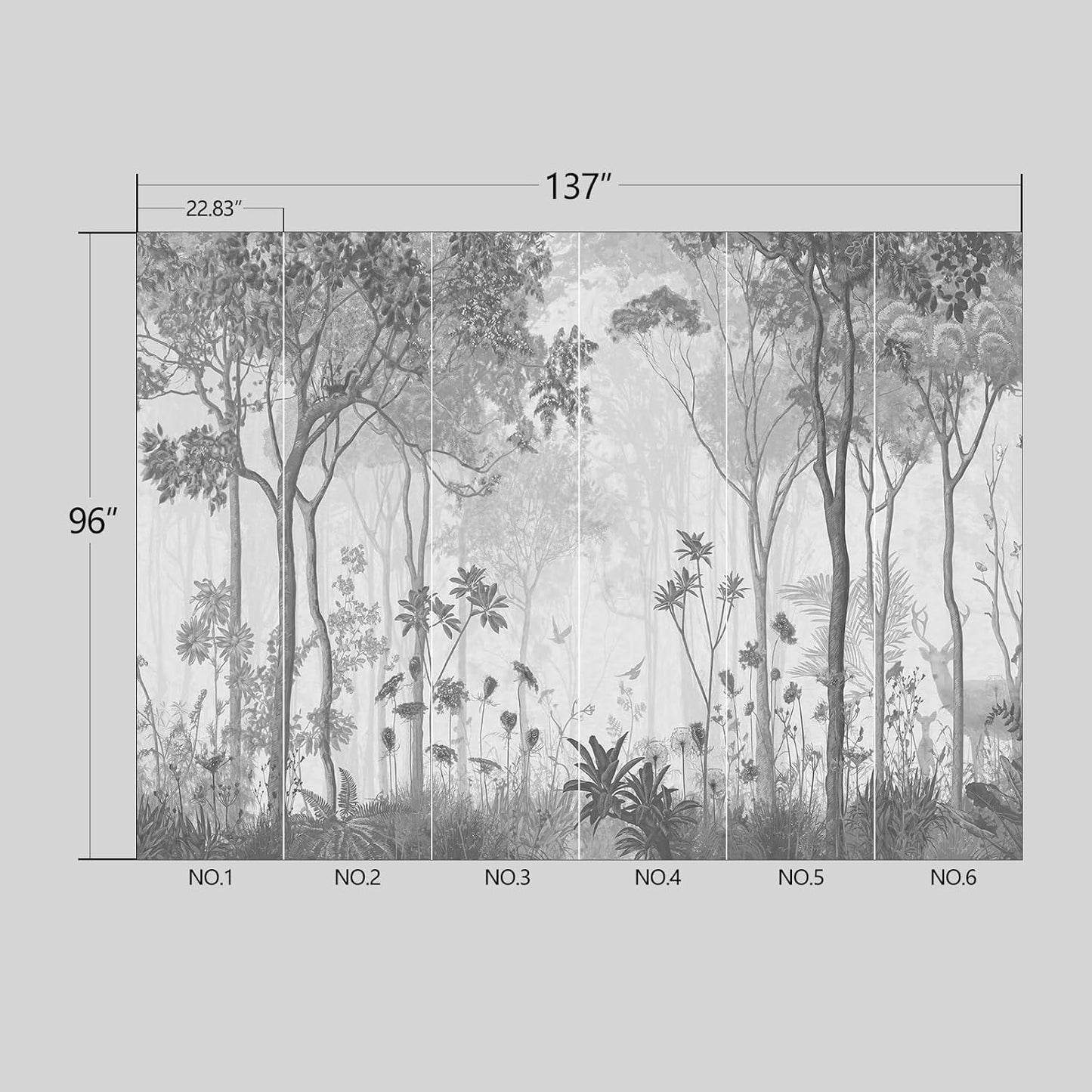 Grey Forest Wallpaper Woodland Peel and Stick Wall Mural for Bedroom Living Room - 96"x137"