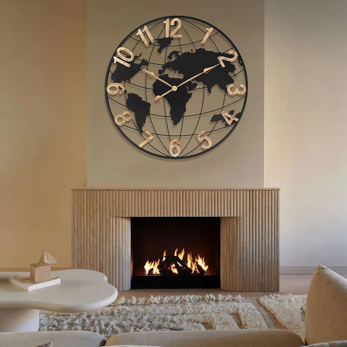 36 Inch Extra Giant Oversized Black Metal Wall Clock,Large Modern Decorative Silent World Map Wall Clock with Vintage Gold Arabic Numeral for Living Room,Entrance Fireplace,Dining Room Decor