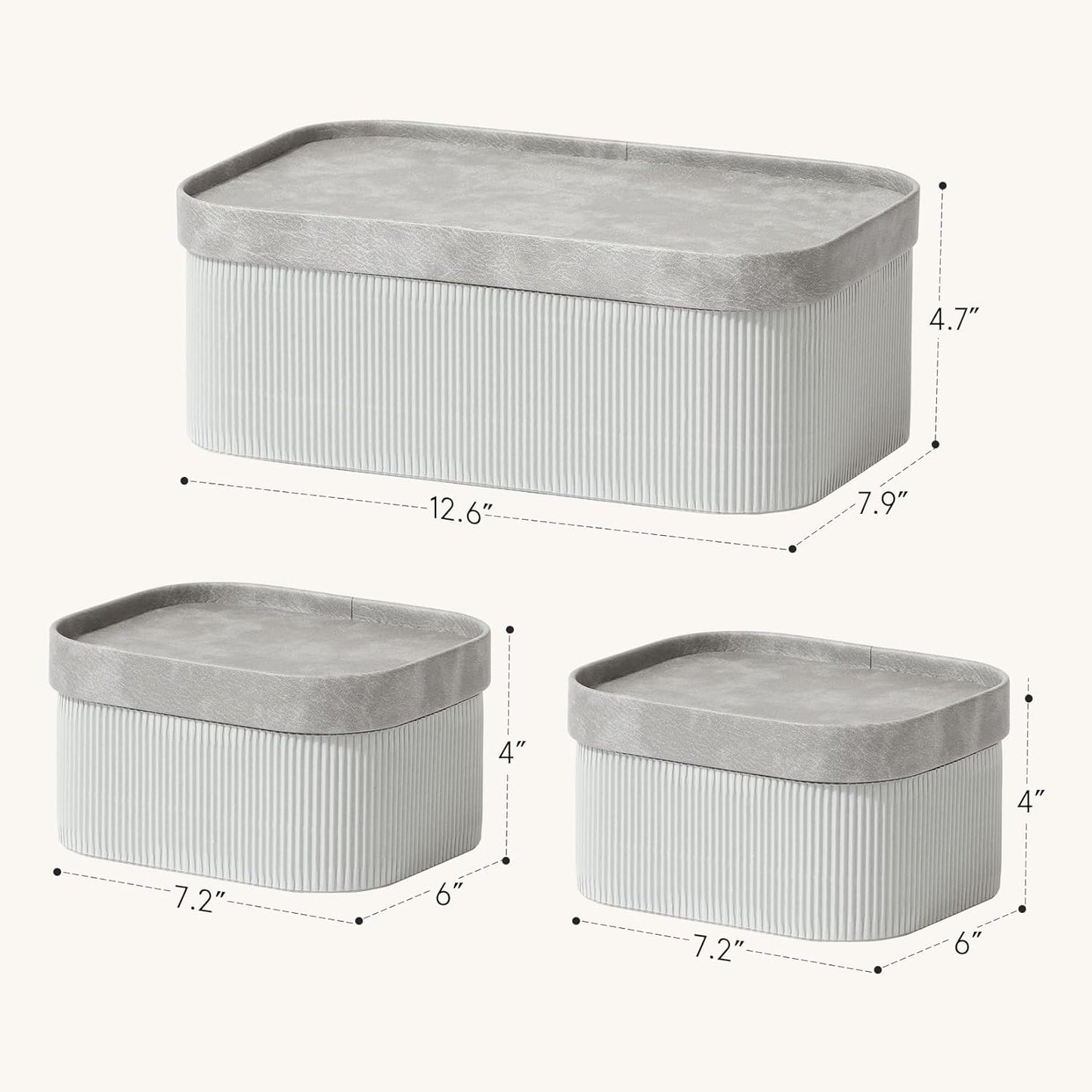 La Jolie Maison Fluted Cardboard Storage Baskets with Vegan Leather Lids, Sturdy Stackable Paper Boxes Decorative Tray, Modern Basket Organizer Bins Bathroom Bedroom Organizing, Storm Grey, Set of 3
