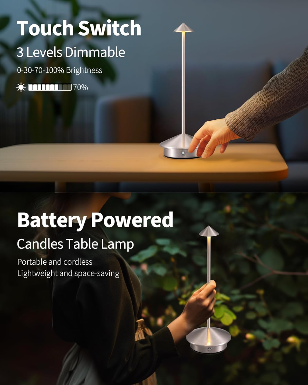 Modern Cordless Table Lamp Set of 2, Portable LED Desk Lamps, 5000mAh Rechargeable Battery Operated Lighting for Bedroom Dining Room Restaurant Coffee Shop Camping Night Light (Brushed Nickel)