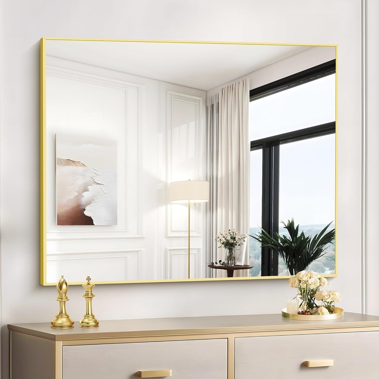 Gold Bathroom Mirror for Wall, 30x36 Inch Rectangle with Metal Frame, Modern Vanity for Bathroom Living Room, Entryway Hangs Horizontal or Vertical
