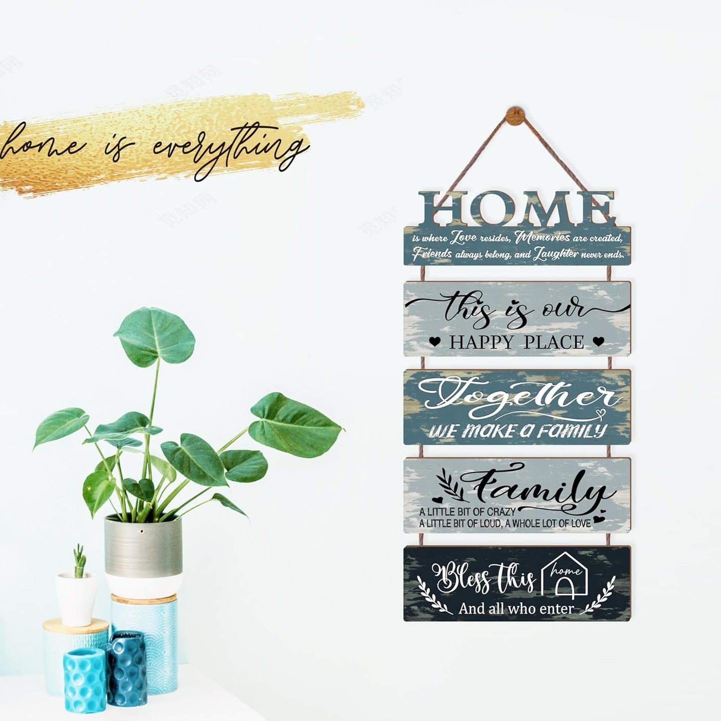 Wooden Collage Panels Home Positive Affirmations Wall Art - Wall Plaques for Living Room,Bedroom,Dining Room,Bathroom - Multicolor Family Rustic Farmhouse Wall Decor 5pcs