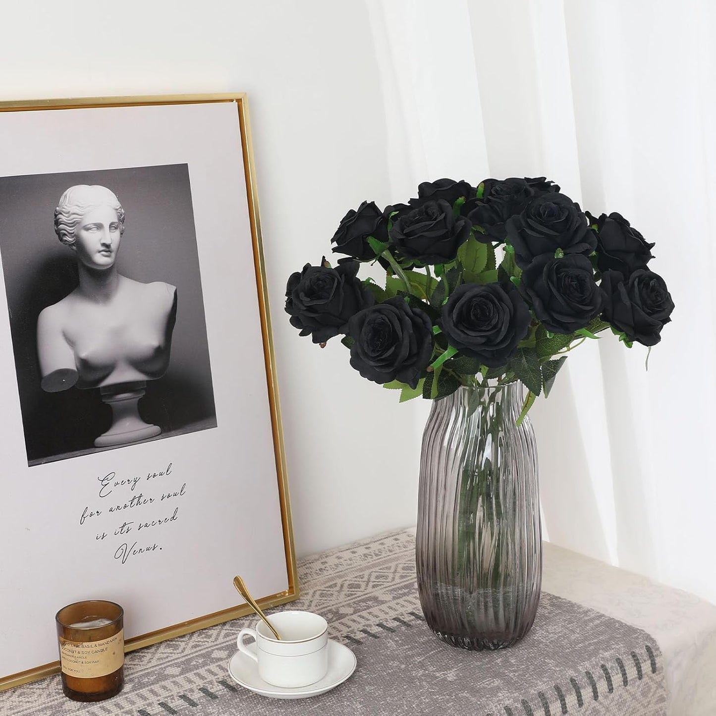 Black Fake Roses Artificial Flowers - 16 Pcs Fake Artificial Roses Silk Flowers with Stems for Home Wedding Hotel Office Centerpiece Decor