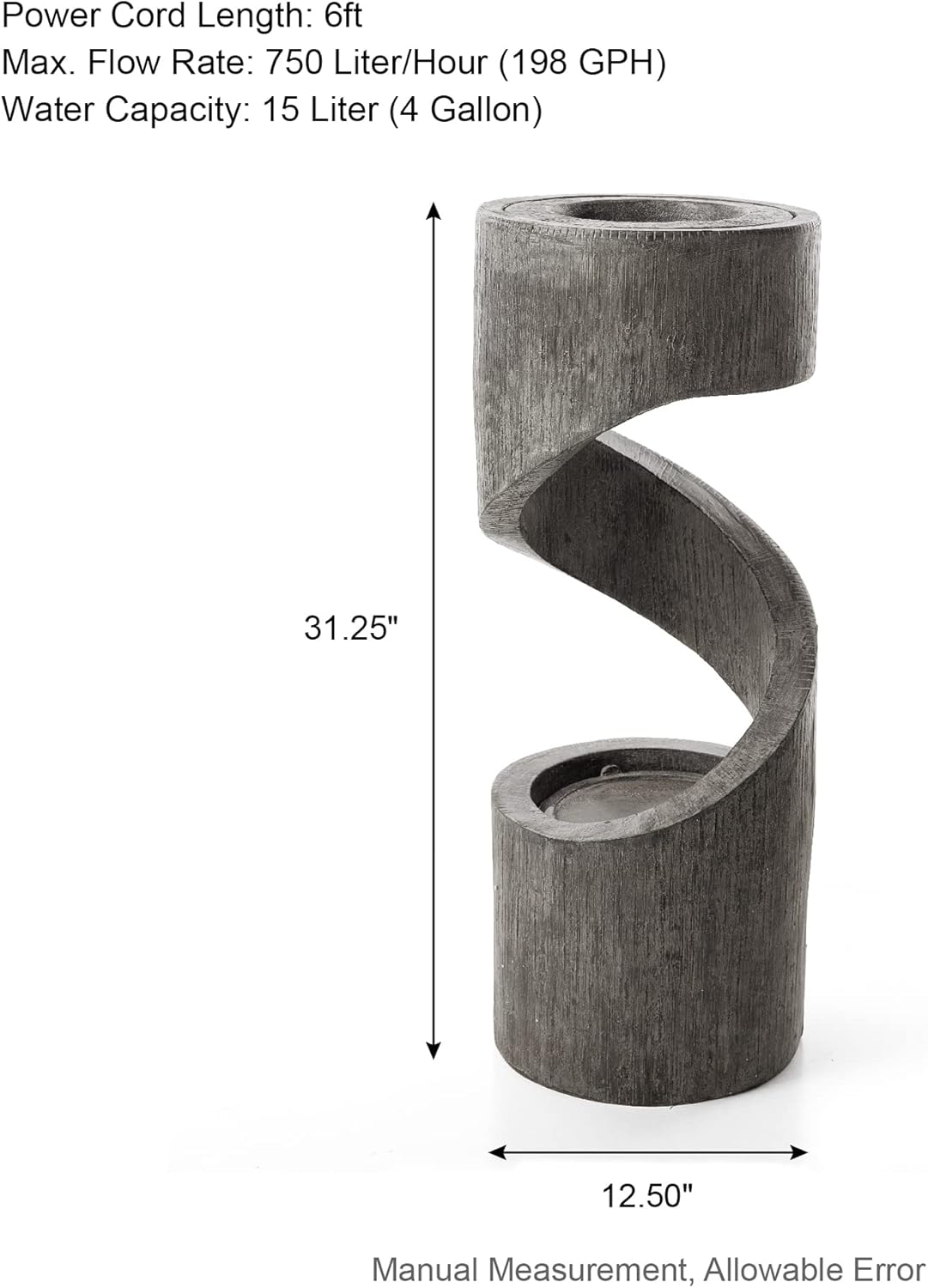 Glitzhome Tiered Outdoor Water Fountain with LED Light, Curved Outdoor Fountain Waterfall with Stone Planter, Freestanding Spiral Outdoor Garden Water Fountains, 31.3”H