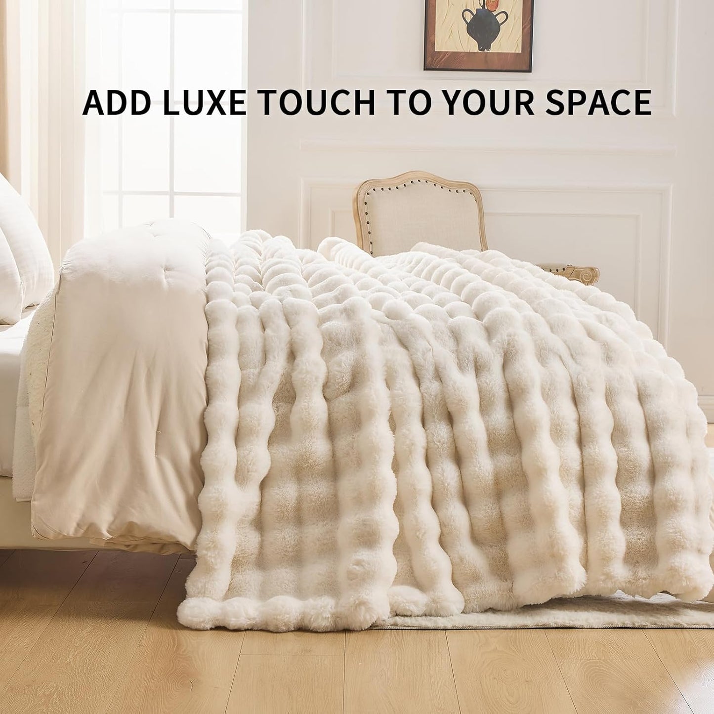 Cozy Faux Fur Throw Blanket for Bed-Warm Fuzzy Throw Blanket, Soft Plush Thick Bubble Blankets for Bedroom and Living Room, Furry Luxury Blanket, 90 x 90, Cream