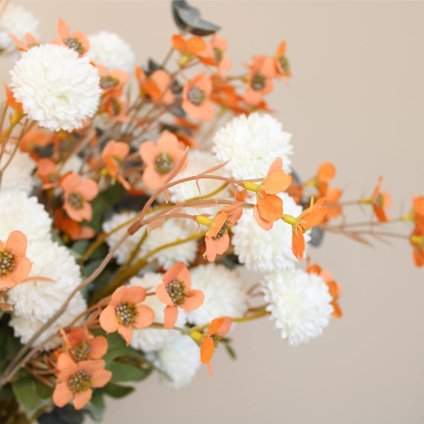 RyddeligHome Artificial White Kiku & Orange Wax Flowers, Bulk Silk Flowers with Long Stems for Vases, Spring Floral Stems Arrangements for Home Decor, Centerpieces for Tables, Rustic Decorations