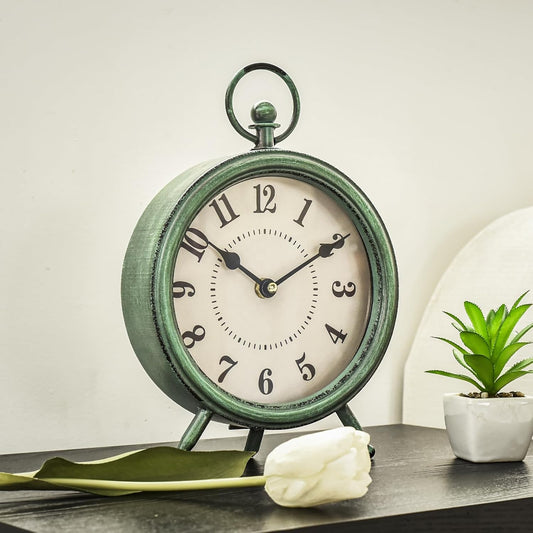 EMAX Home Vintage Green Rustic Retro Table Clock, Silent Non-Ticking, Battery Operated, 10.5"H, 7.28"W, Green Dial, Tabletop, Indoor, Kitchen