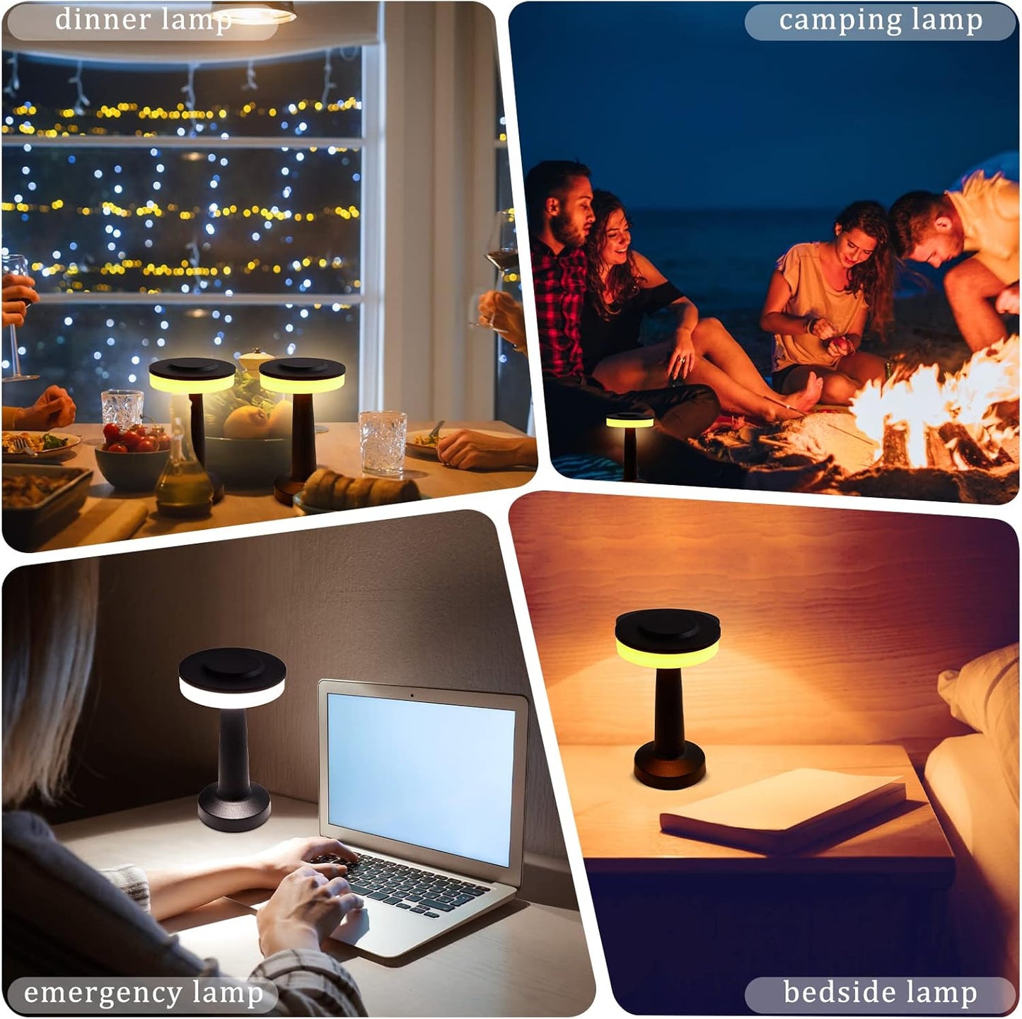 VIHOSE Set of 8 LED Portable Cordless Table Lamp with Touch Sensor 3 Color Stepless Dimming Rechargeable Battery up to 15 Hours Cordless Table Light Wireless Lamp for Nursery(Black)