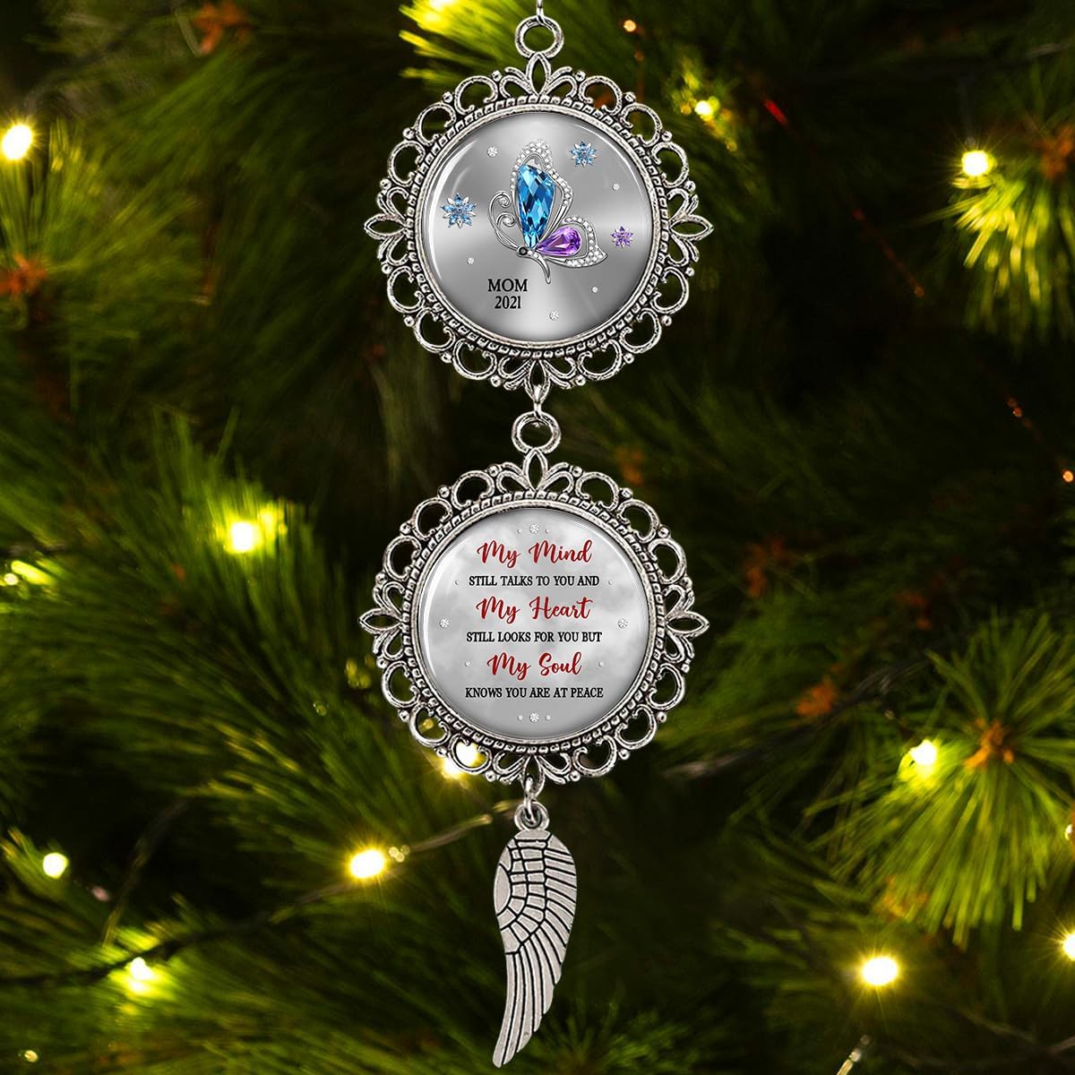 Memorial Car Rearview Ornament with Custom Names - My Mind Still Talks to You with Wing Charm Christmas Ornament Car Mirror Hanging Accessories Grieving Remembrance Sympathy Gift for Loss