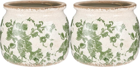 2 Pcs Vintage Planter Large Ceramic Plants Pot Beige Green Vintage Floral Ice Crack Cottage Scroll Vase Flower Vase Pot Indoor Plants Home Kitchen Decor Farmhouse Antique Decorative Gifts