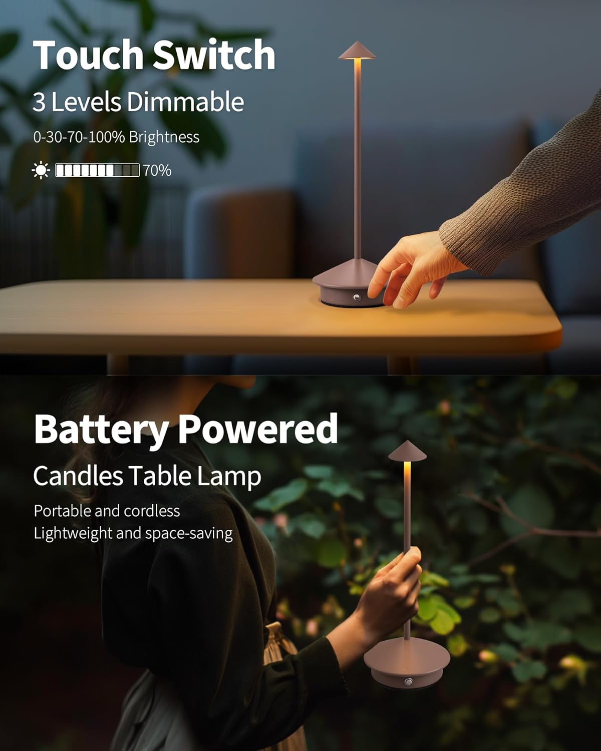 Modern Cordless Table Lamp Set of 2, Portable LED Desk Lamps, 5000mAh Rechargeable Battery Operated Lighting for Bedroom Dining Room Restaurant Coffee Shop Camping Night Light (Brown)