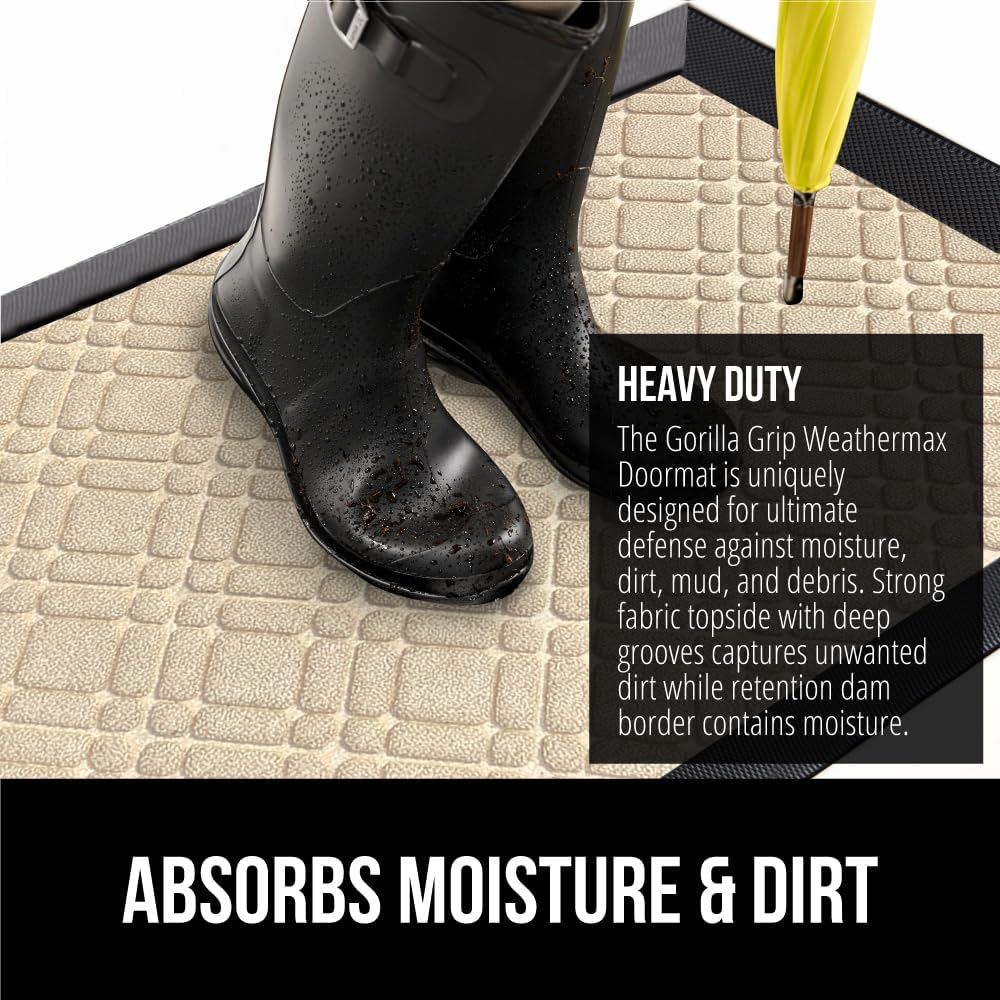 GORILLA GRIP 100% Waterproof All-Season WeatherMax Doormat, 72x24, US Designed Natural Rubber, Stain and Fade Resistant, Low Profile Indoor Outdoor Door Mats, Easy Clean Patio Mat, Modern Latte