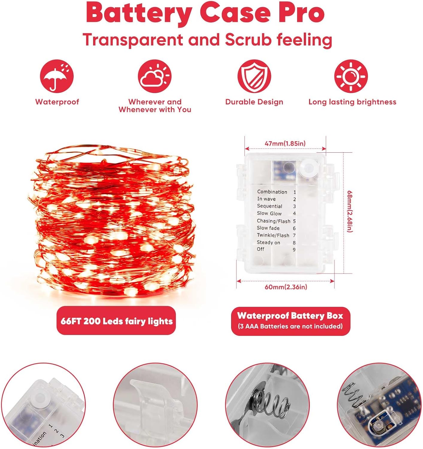 2 Pack 65.6 Ft. Battery Operated Outdoor String Lights with Remote & Timer, LED Red Fairy Lights, Waterproof Twinkle Lights for Bedroom, Dorm, Mason Jar, Wedding, Party, Christmas