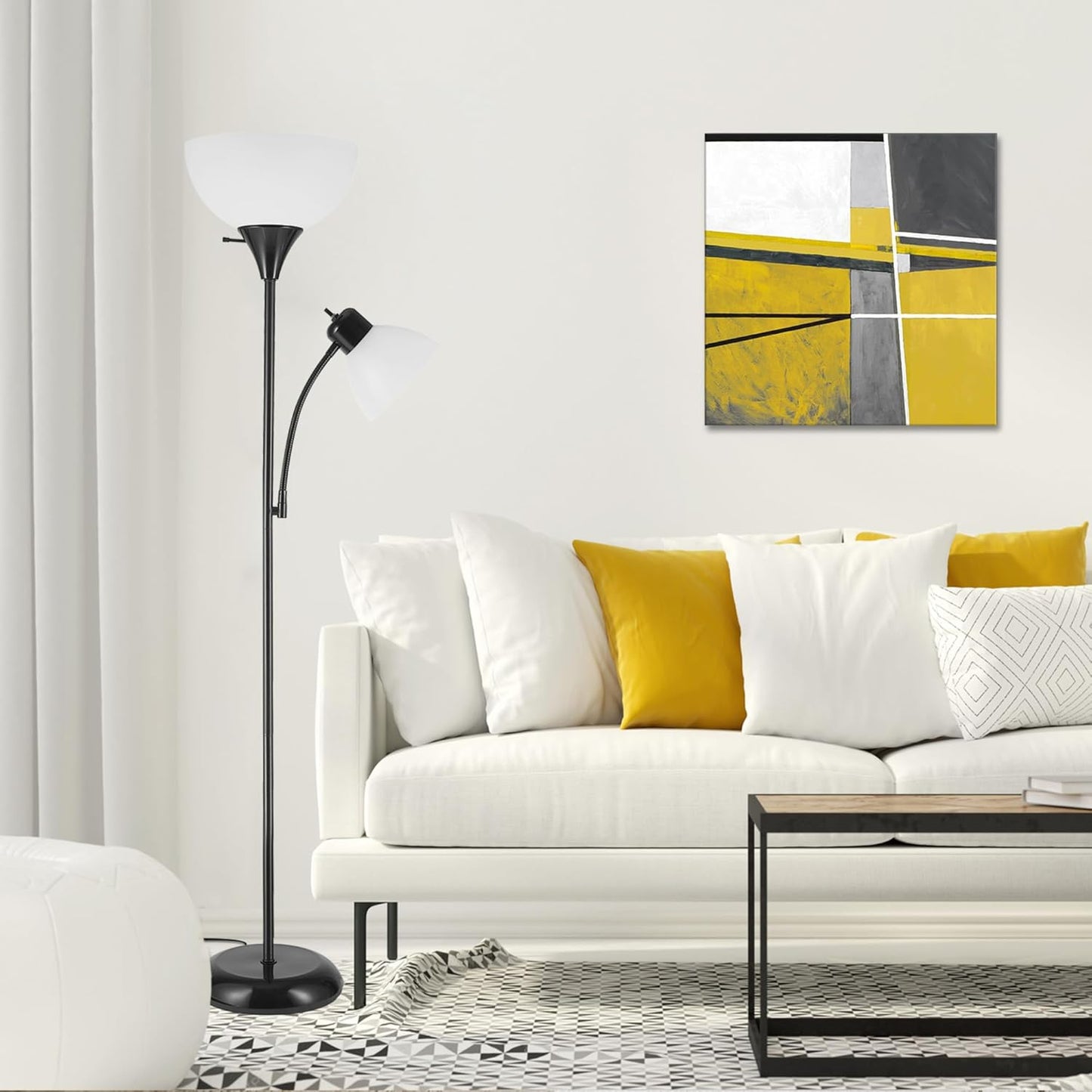 GLOBE Electric 67135 72" Torchiere Floor Lamp and Adjustable Reading Light, Matte Black, Frosted Shade, Dual Rotary Switch, 3-Step Dimming, Modern Lighting for Living Room or Office