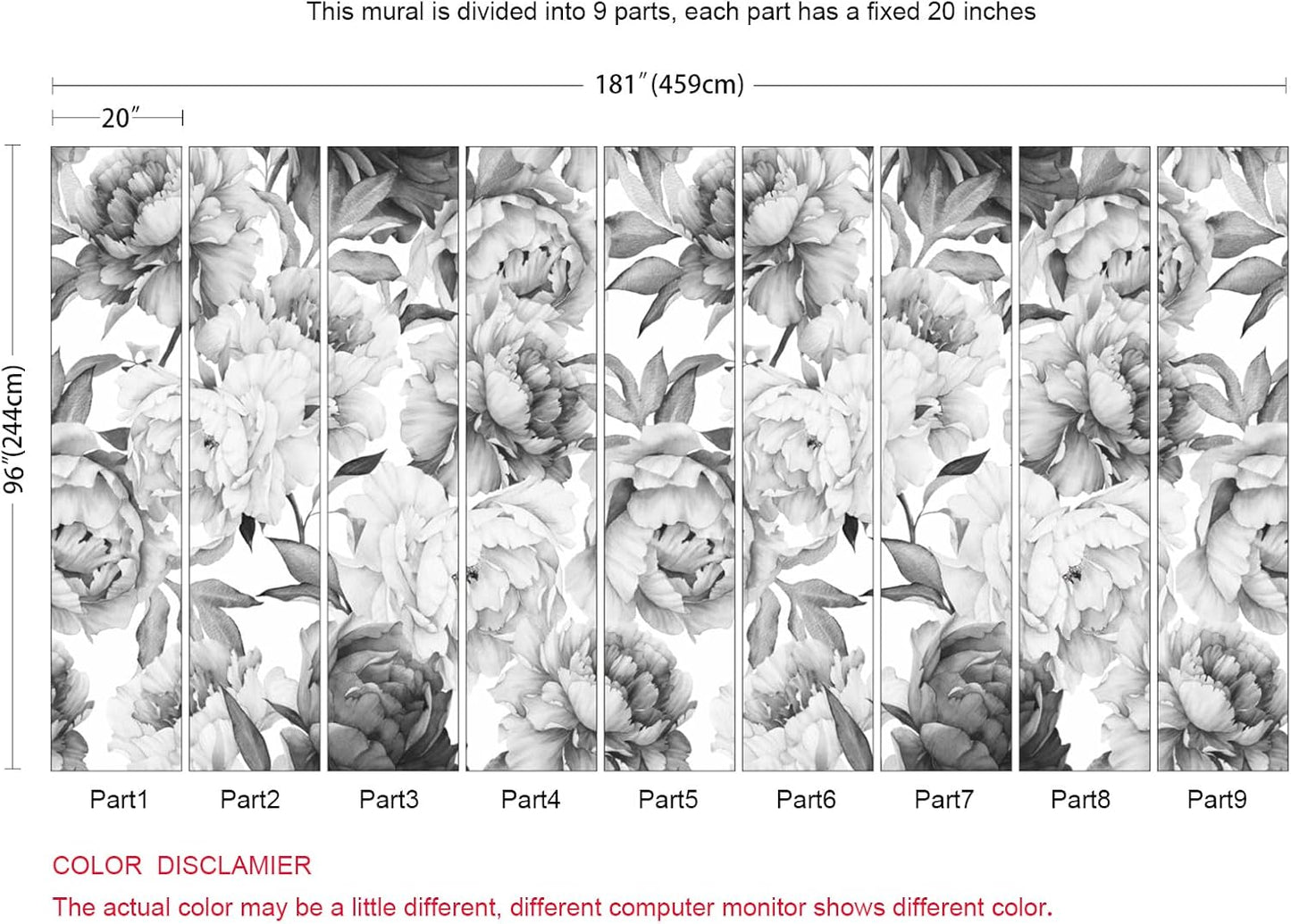 Gray Peonies Wallpaper Watercolor Floral Mural Wallpaper for Nursery(Not Peel n' Stick)