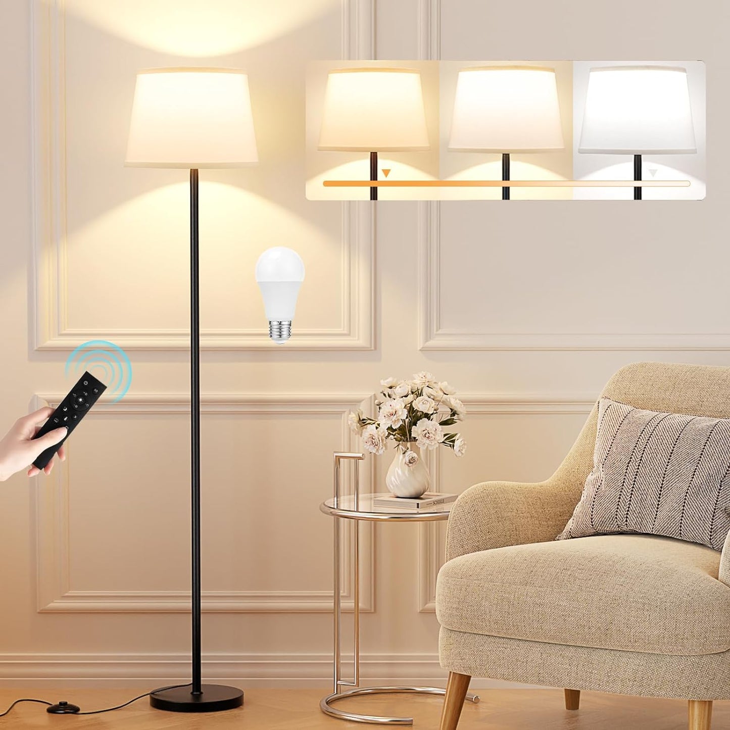 Modern Floor Lamp with Adjustable Brightness, Remote Control, Black, LED Bulbs, White Shade, Foot Switch, Easy Assembly