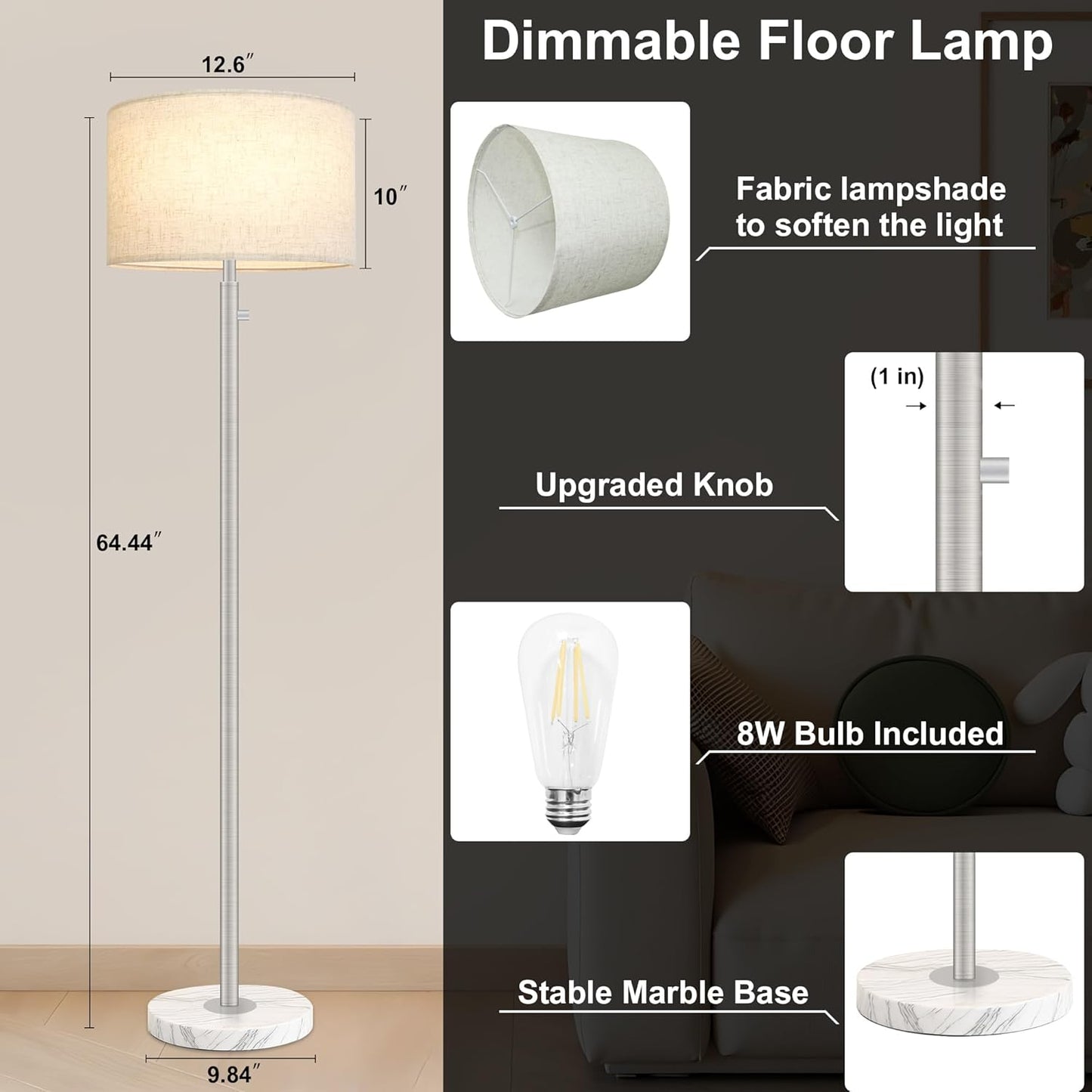 Floor Lamp for Living Room,Dimmable Gold Floor Lamp,Modern Standing Lamp with Marble Base,Tall Standing Lamp for Bedroom, Reading,Office & Kids' Room,LED Bulb Included(Brown)