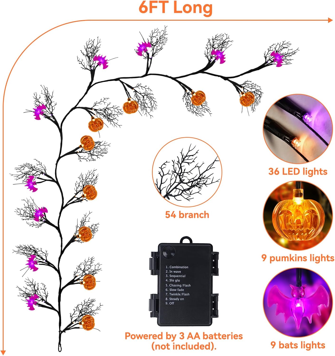 [8 Modes & Timer] 6Ft 45 LED Halloween Willow Vine Twig Garland with Orange Lights - Battery Operated, Waterproof Halloween Decor for Indoor Wall, Fireplace Mantle, Home Party (Pumpkins & Bats, 6FT)