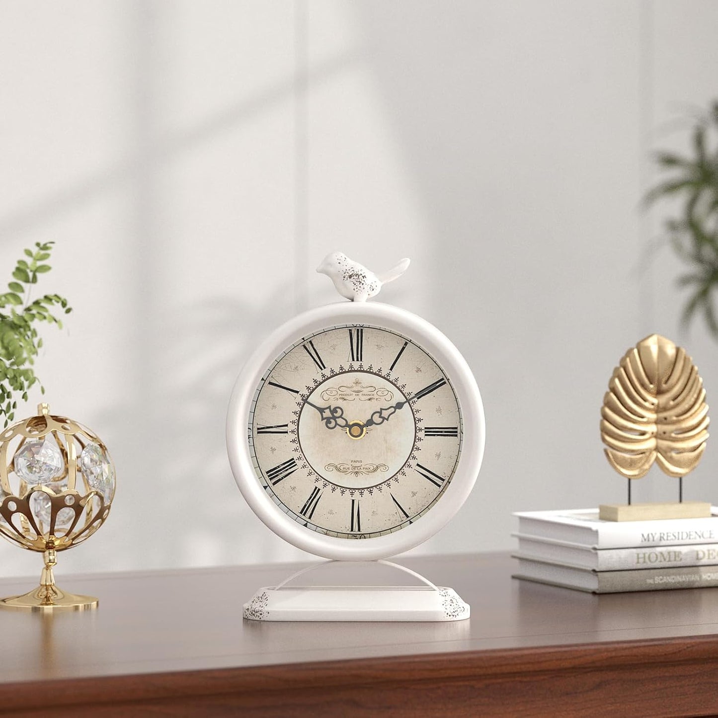 Vintage Table Clock with Bird, European Antique Style White Mantel Clocks, Desk and Shelf Decor Clock, for Farmhouse, Bedside, Living Room, Bedroom, Gift (9" H x 6.5" W)