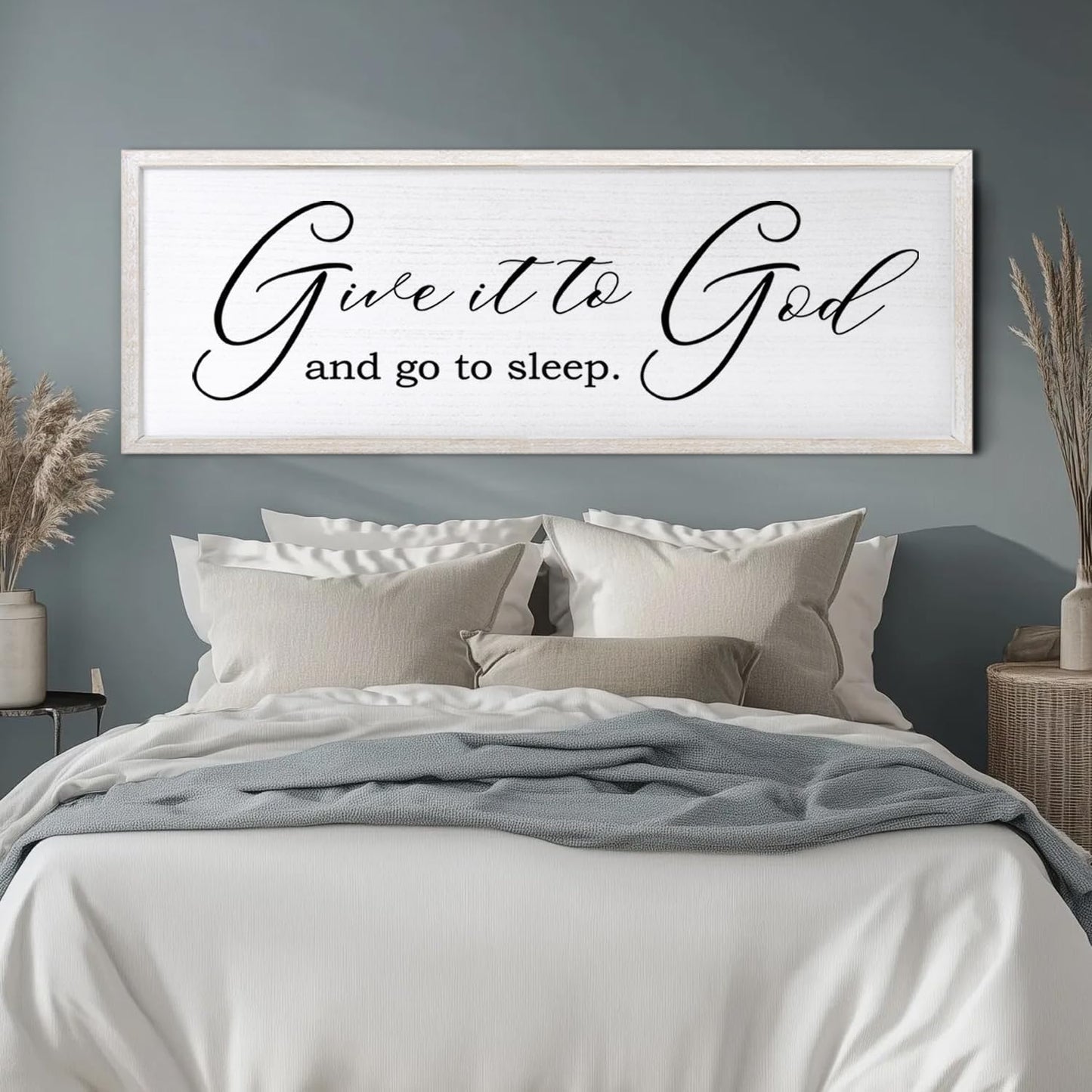 Give It To God And Go To Sleep Sign Wall Decor 40x15 Inch Large Farmhouse Master Bedroom Above Bed Hanging Wall Art Rustic Guest Room Wood Framed Over Bed Wall Decoration (White)
