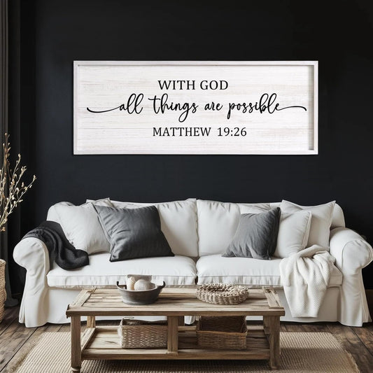 With God All Things are Possible Framed Wall Art, 40''×15'' Vintage Holy Religious Rustic Bible Verse for Christian God Jesus Christ Prayer, Positive Horizontal Inspirational Catholic Scripture Decor