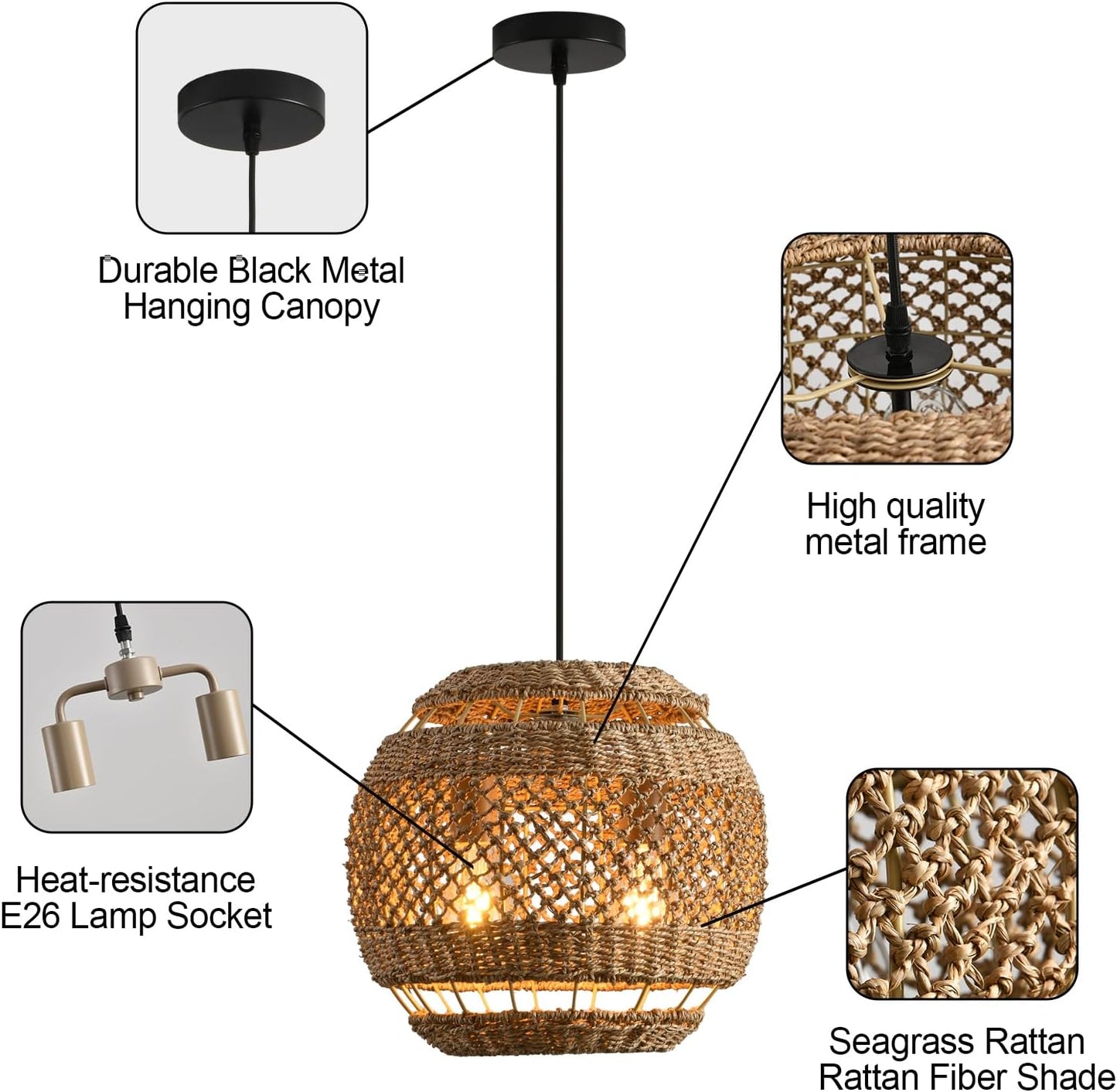 Rattan Pendant Light 13.78" Boho Wicker Seagrass Pendant Light 2-Light Hand Woven Water Plants Rattan Chandelier for Dining Living Bedroom Kitchen Farmhouse