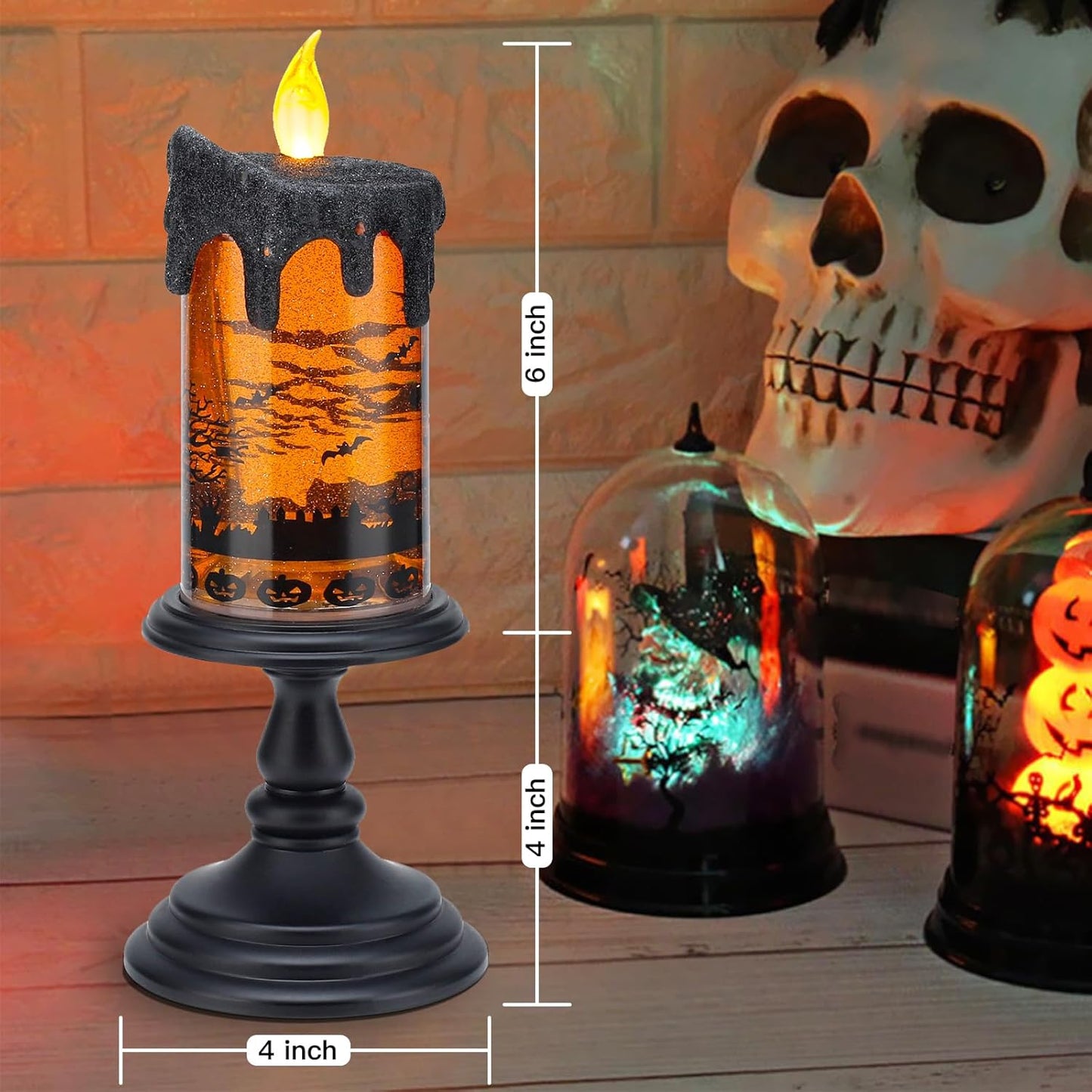 Halloween Snow Globe Candles Lighted Lamp, Lighted Flameless Candles with Water Glitter Swirls and Spooky Moving,Battery Operated