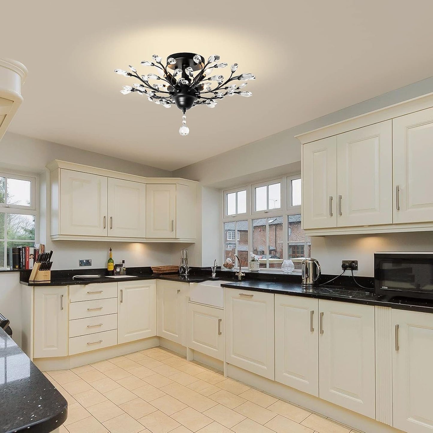 Ganeed Crystal Chandeliers,Vintage K9 Clear LED Ceiling Lighting,Edison Pendant Light Flush Mounted Fixture with 4 Light for Living Room Dinning Room Restaurant Porch Hallway (Black)