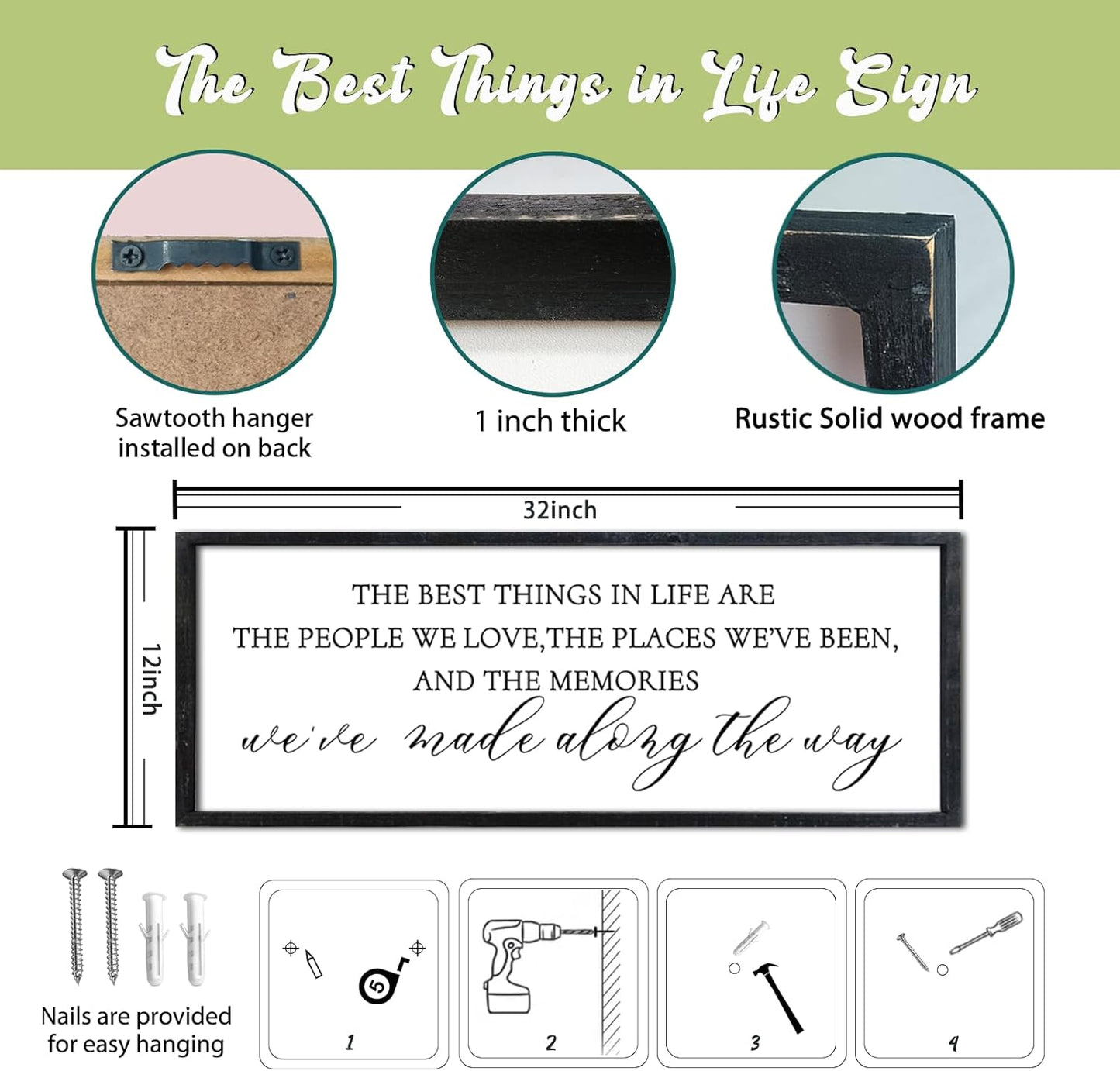 The Best Things in Life Wall Decor Sign 32 x 12 Inch Memories Inspirational Quotes Wood Framed Family Entryway Living Room Home Wall Art for Farmhouse Bedroom Room (Black)