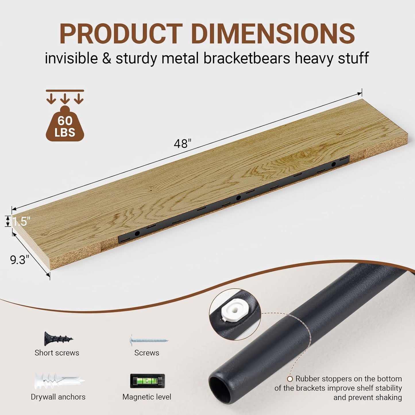 Heimlove Floating Shelves for Wall 48 Inches Long,9.3" Deep Oak Floating Shelf Set of 2,Wall Mounted Wood Shelves for Bathroom Bedroom Living Room Kitchen Office,Shelf for Books Storage Room Decor