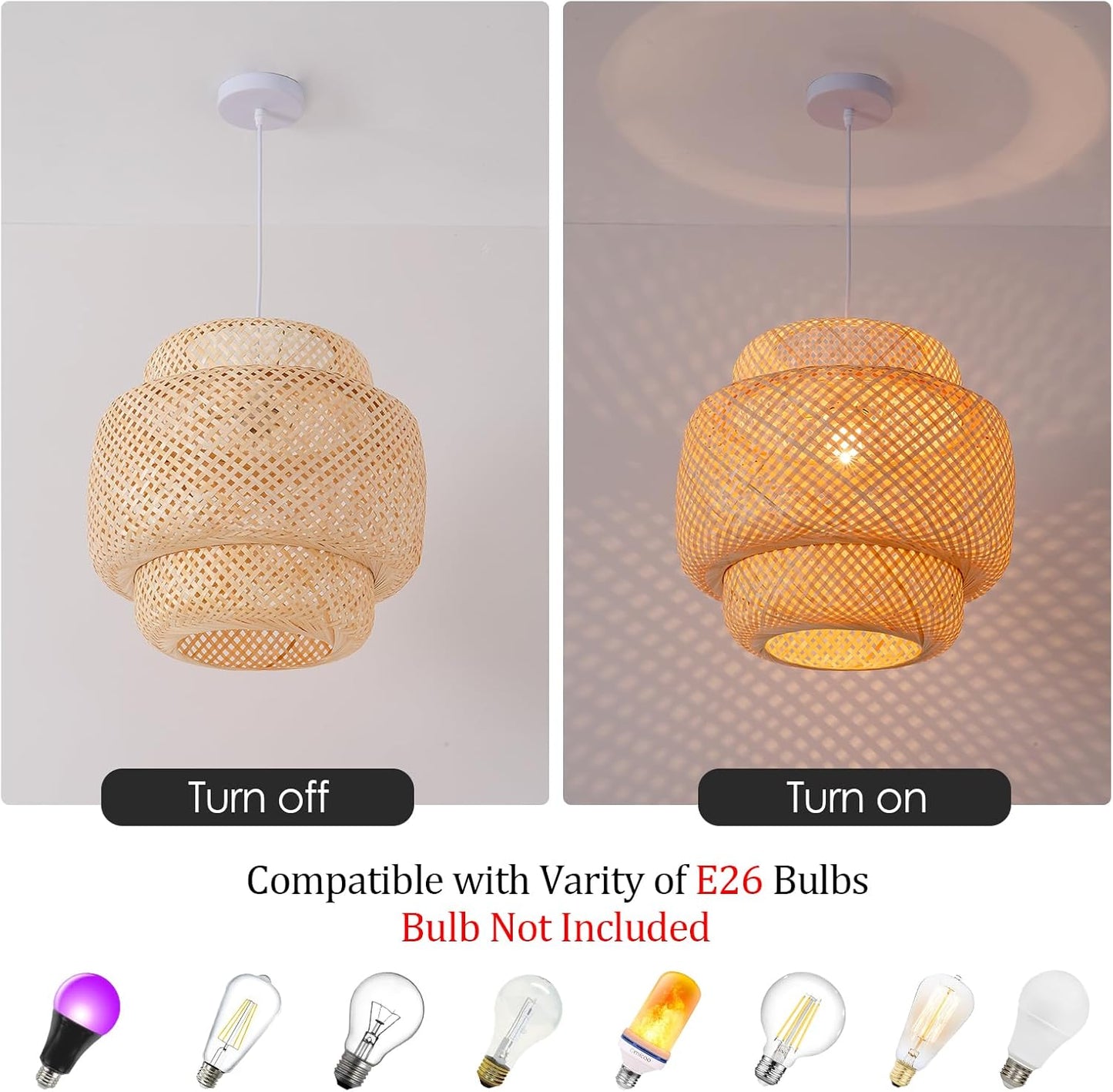 Bamboo Pendant Light,15.75" Hand-Woven Boho Rattan Hanging Lamp,1-Pack Farmhouse Wicker Chandelier for Dining Living Bedroom Kitchen