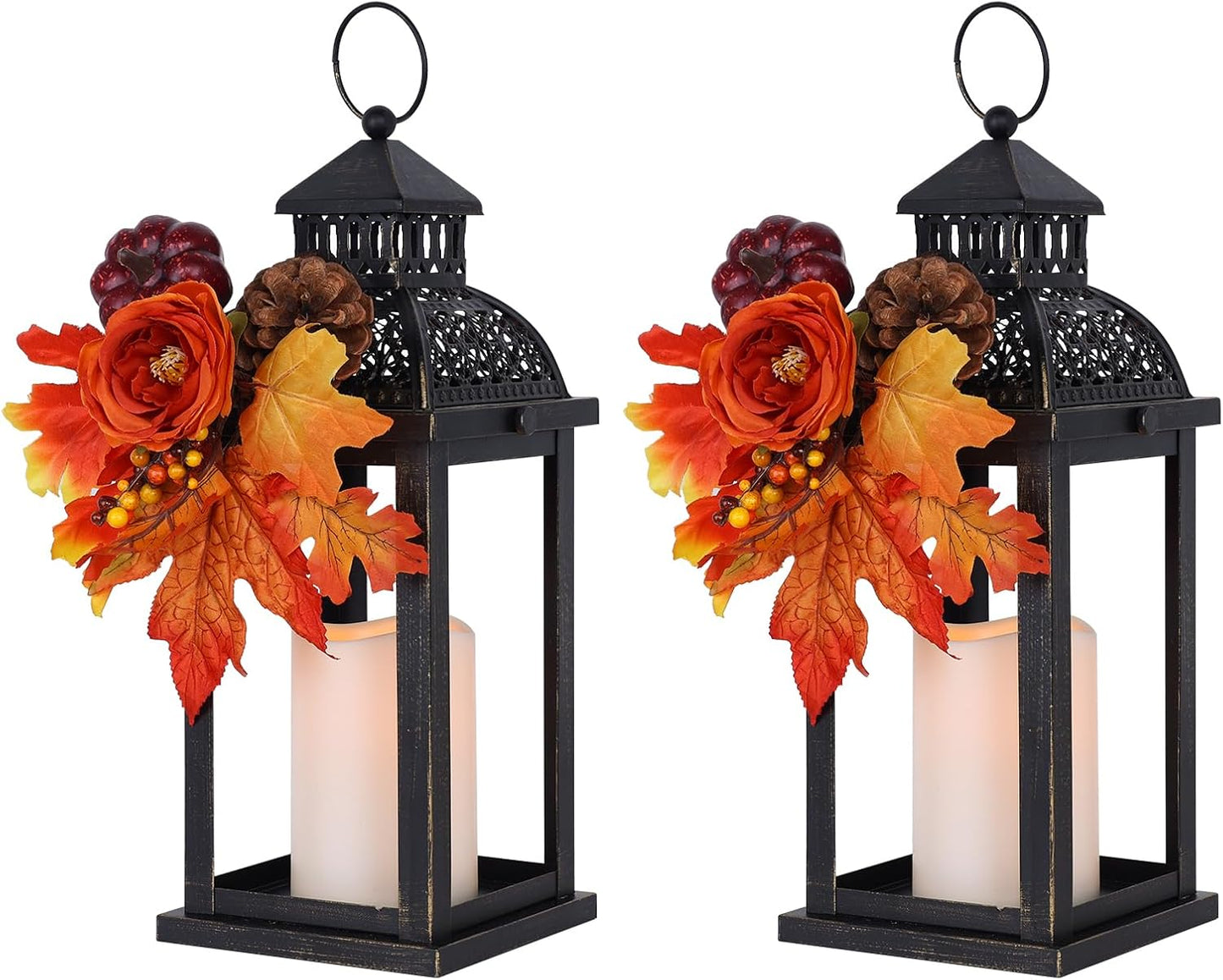 NEEDOMO Fall Decorations for Home, 2 Pcs 15'' Fall Lantern Indoor Outdoor Thanksgiving Decor, Vintage Metal Hanging Candle Holders with Fall Teardrop Wreath and LED Candle for Patio, Porch, Table