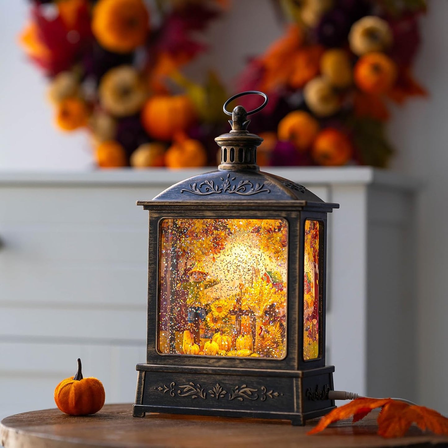 12.5'' Fall Snow Globe Lantern - Thanksgiving Glittering Lighted Lantern, Fall Decorations Autumn Harvest Day Gifts, Home Fall Halloween Decor (Scarecrow &Turkey)