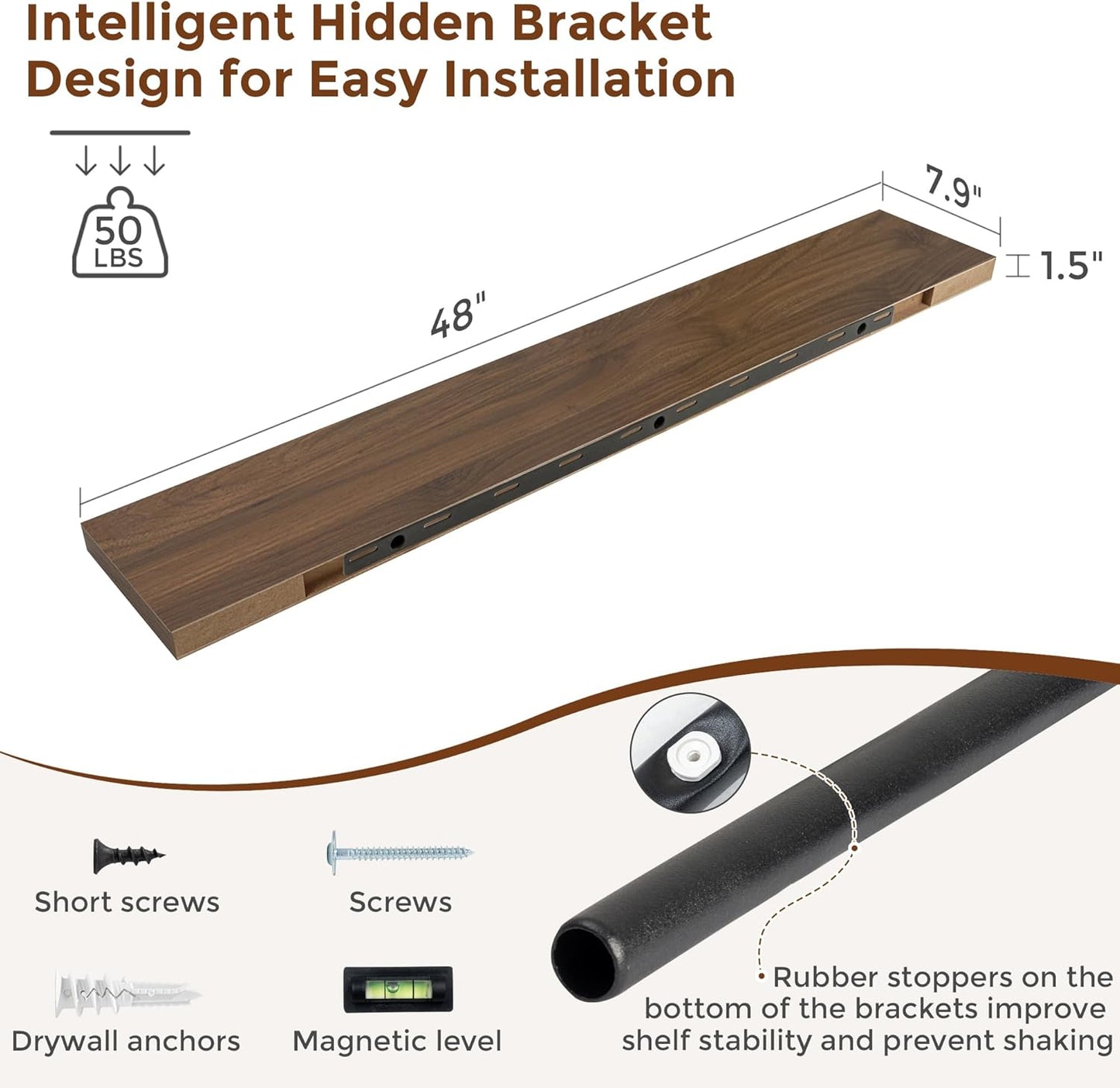 Heimlove 48 Inch Floating Shelves for Wall 8 Inch Deep Walnut Shelves Set of 2,Wall Mounted Rustic Wood Long Floating Shelf，Large Display & Storage Shelf with Invisible Brackets