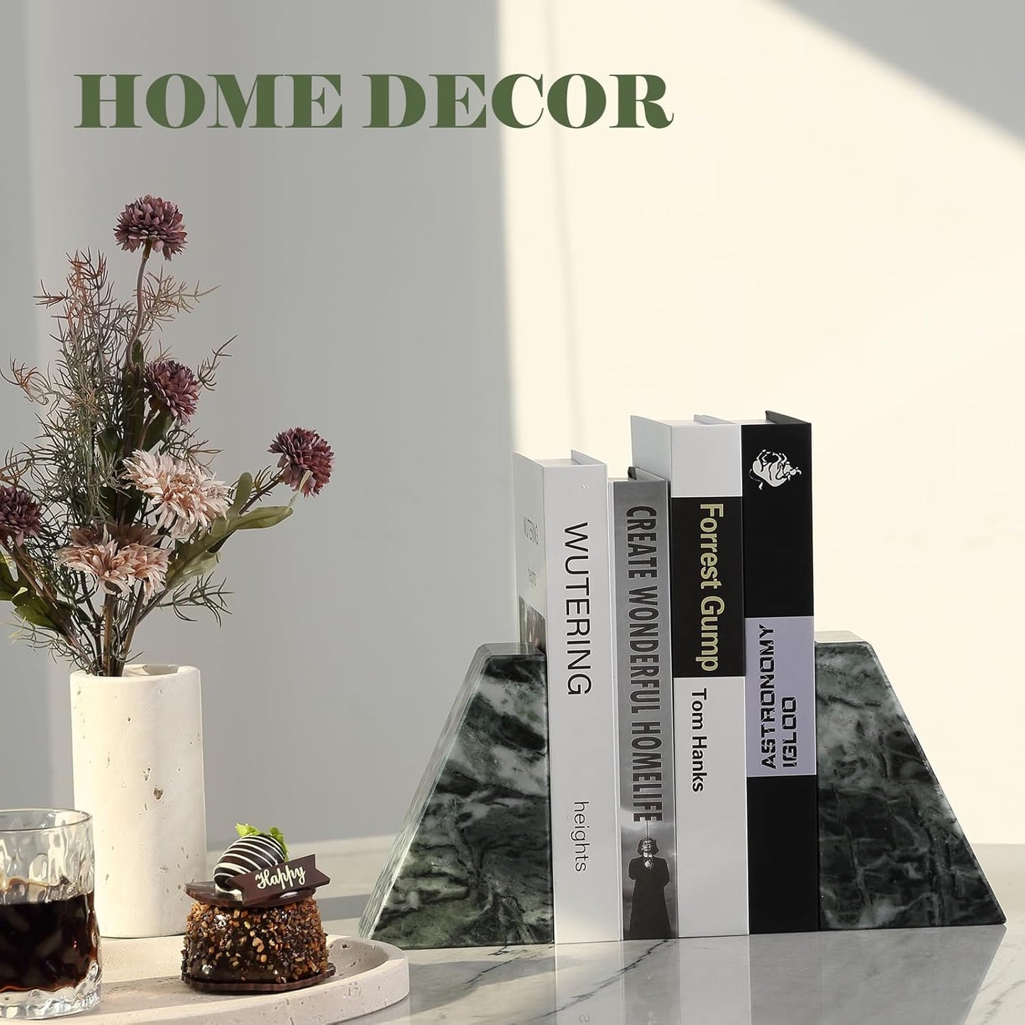 Marble Bookends for Heavy Books, Decorative Bookends for Shelves, Green Stone Book Ends, Heavy-Duty Book Ends for Hardback Book & Cookbooks, Unique Book Stopper & Holder, Set of 2